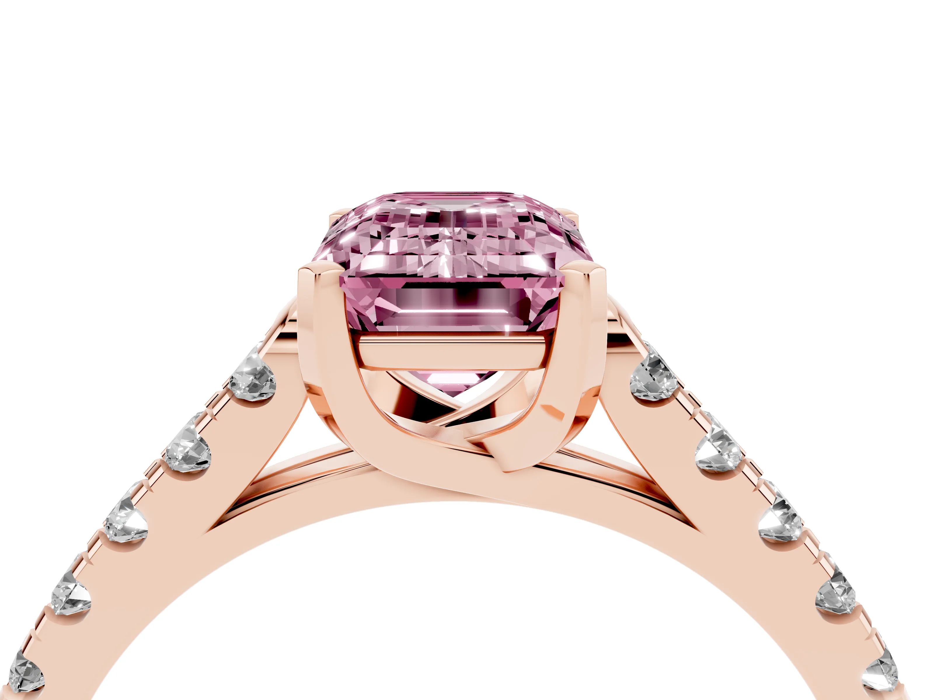 Fancy Pink Emerald Cut Diamond Pavé Band Solitaire Ring Set in Rose gold with Partway Accent Stones and Prong Setting