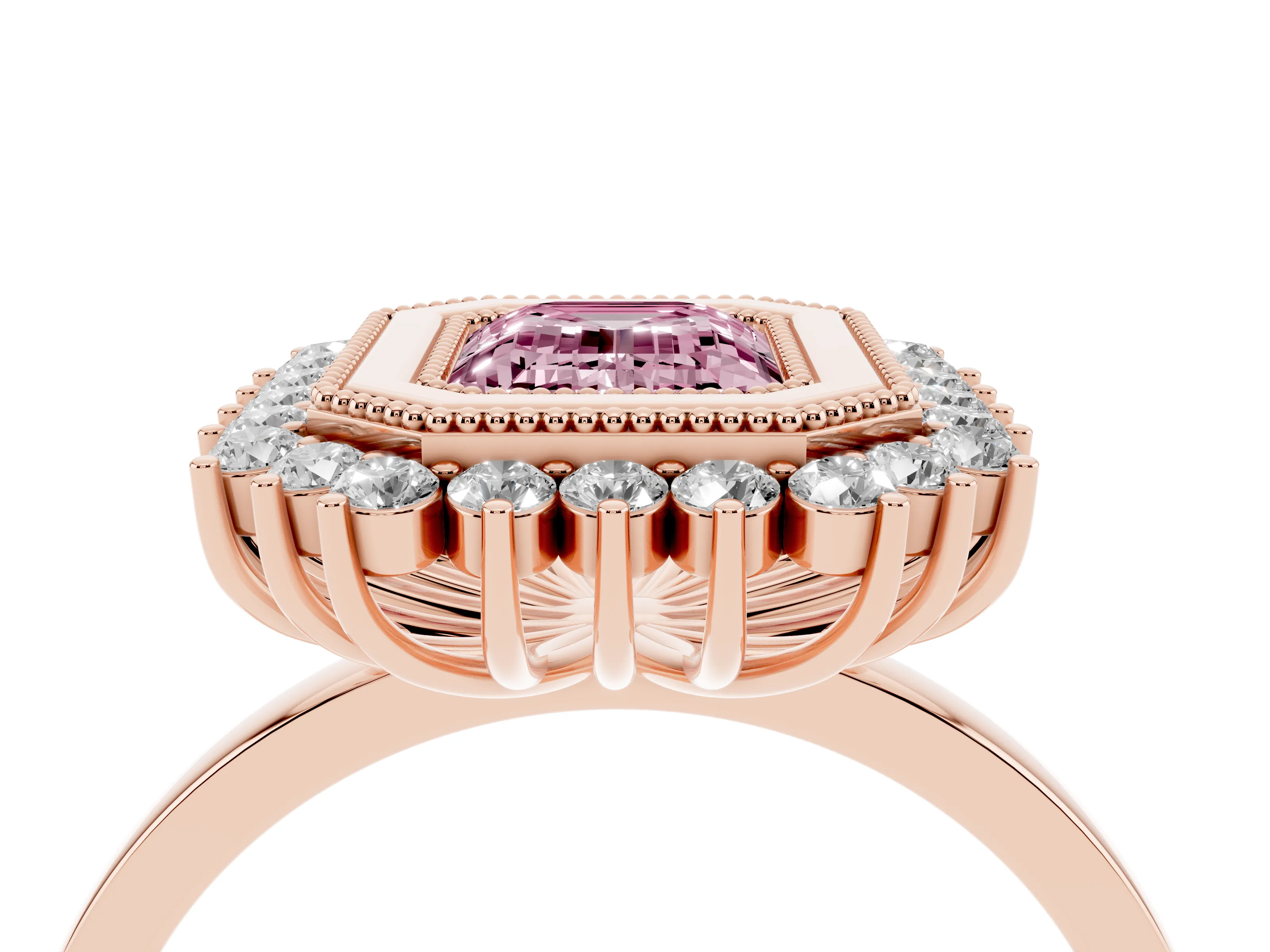 Fancy Pink Emerald Cut Diamond Halo Ring Set in Rose gold with Milgrain Edge and Round Prong Setting