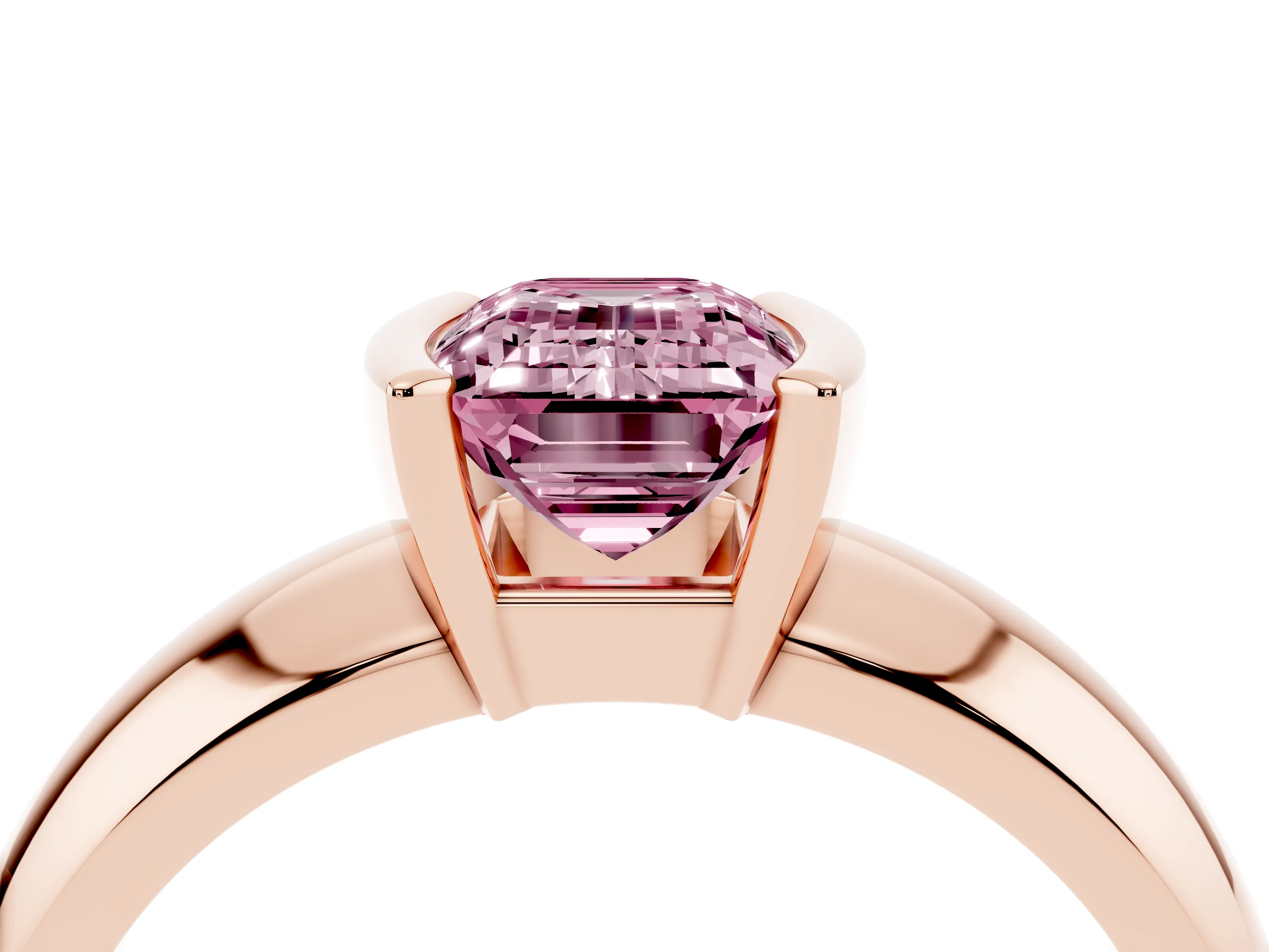 Fancy Pink Emerald Cut Diamond Solitaire Tension Set Ring Set in Rose gold with Wide Band