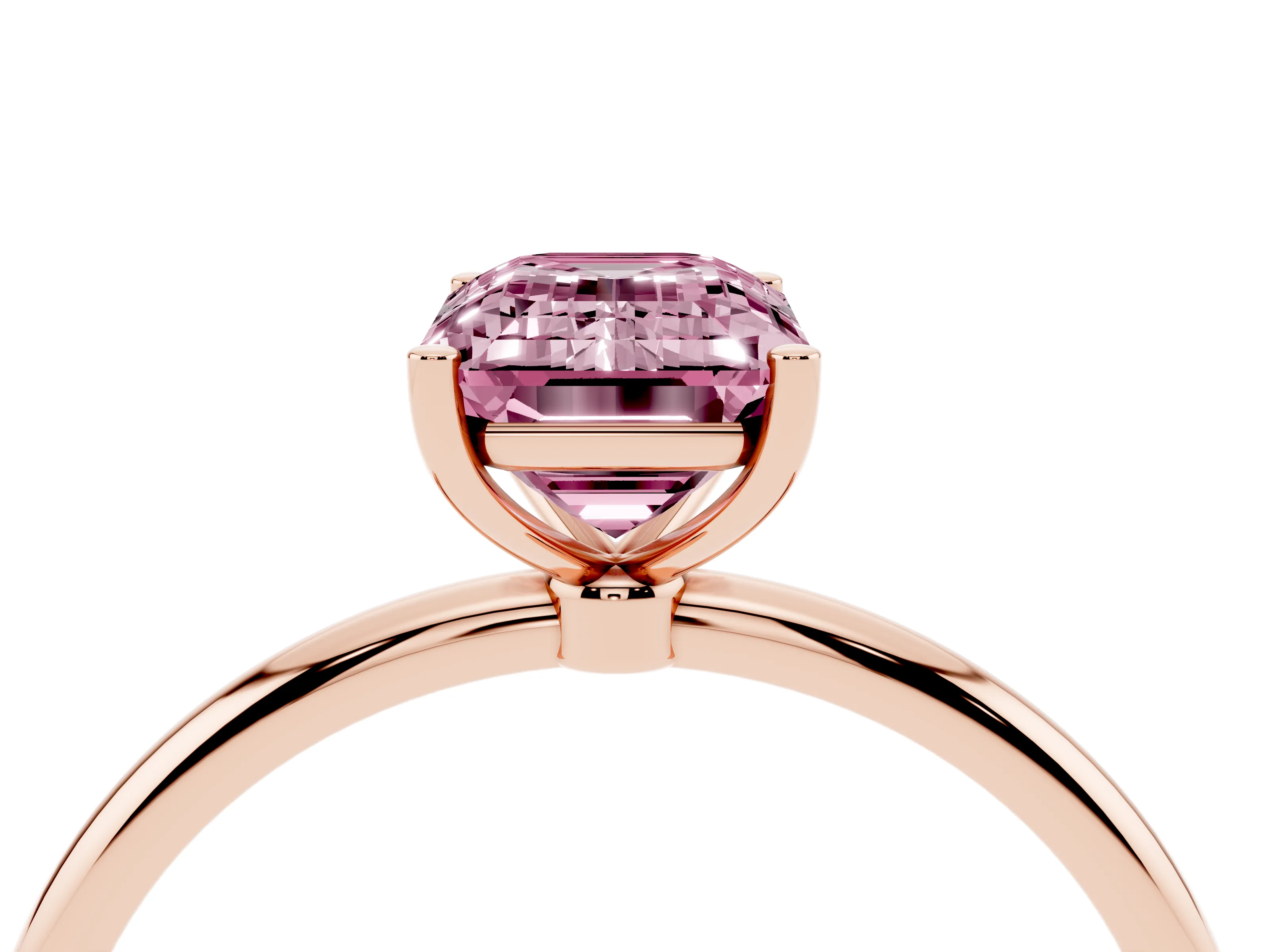 Fancy Pink Emerald Cut Diamond Solitaire Engagement Ring Set in Rose gold with Thin Band and Prong Setting