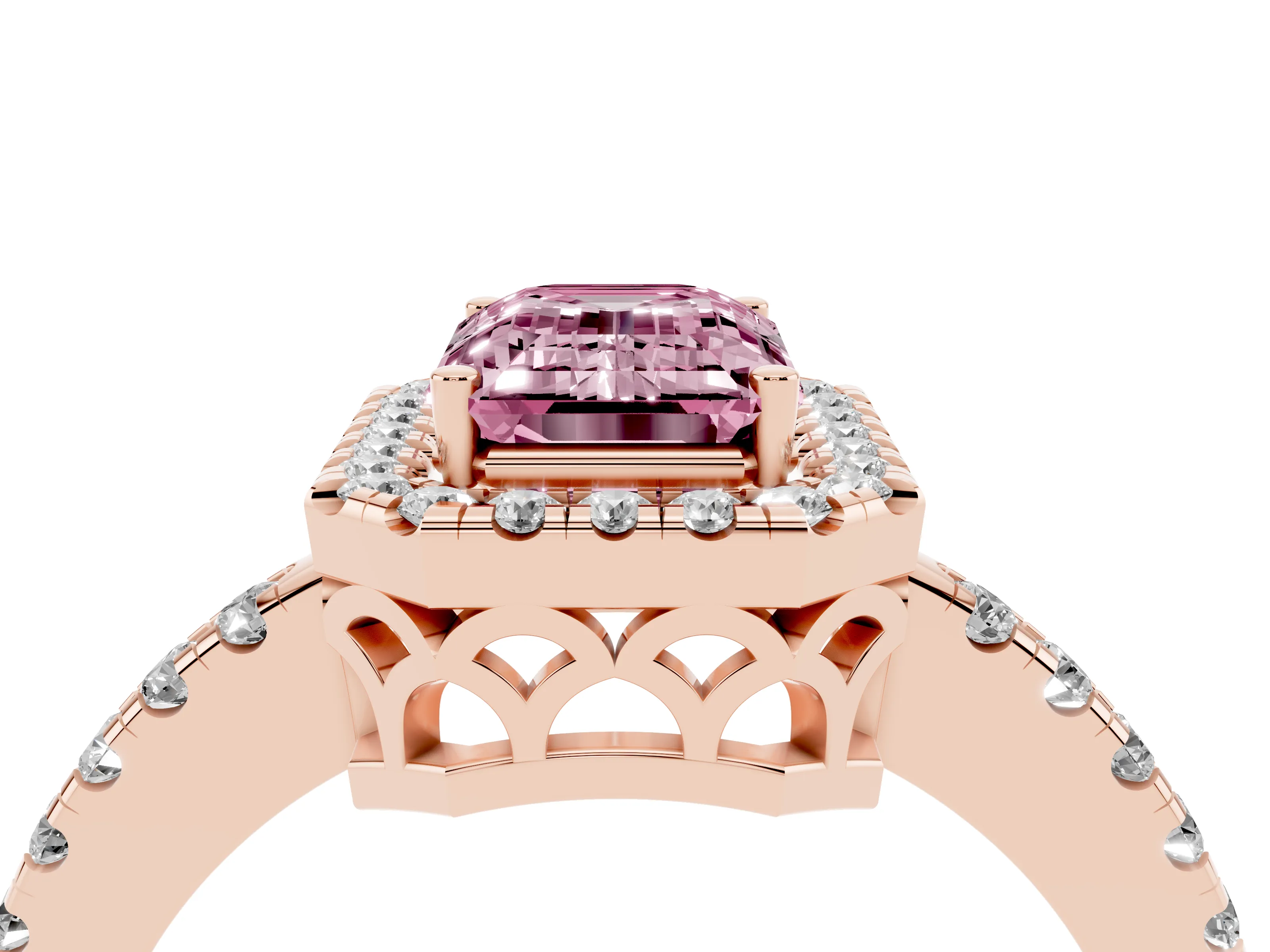 Fancy Pink Emerald Cut Diamond Pavé Band Halo Engagement Ring Set in Rose gold with Prong Setting