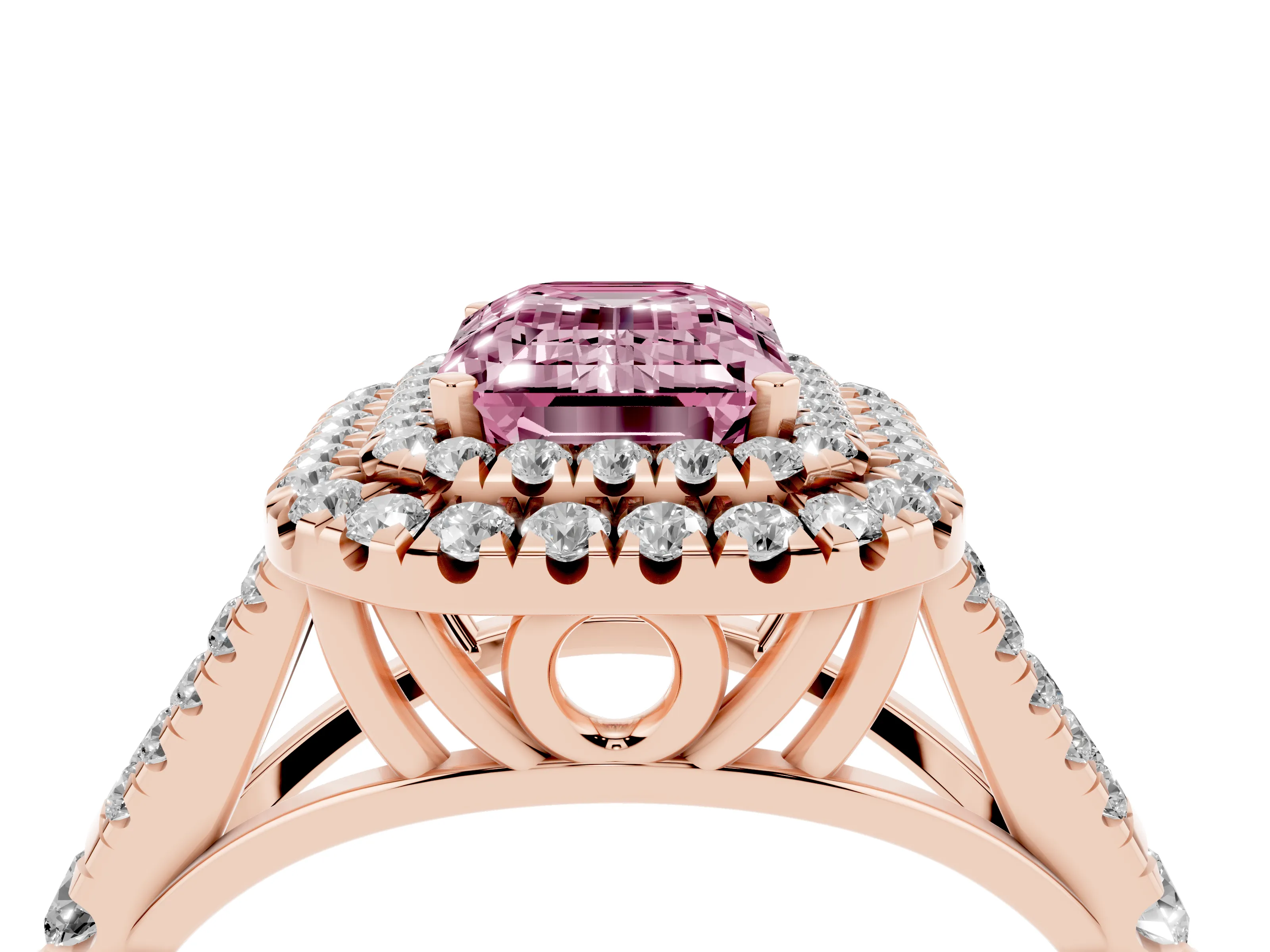 Fancy Pink Emerald Cut Diamond Pavé Split Shank Double Halo Engagement Ring Set in Rose gold
