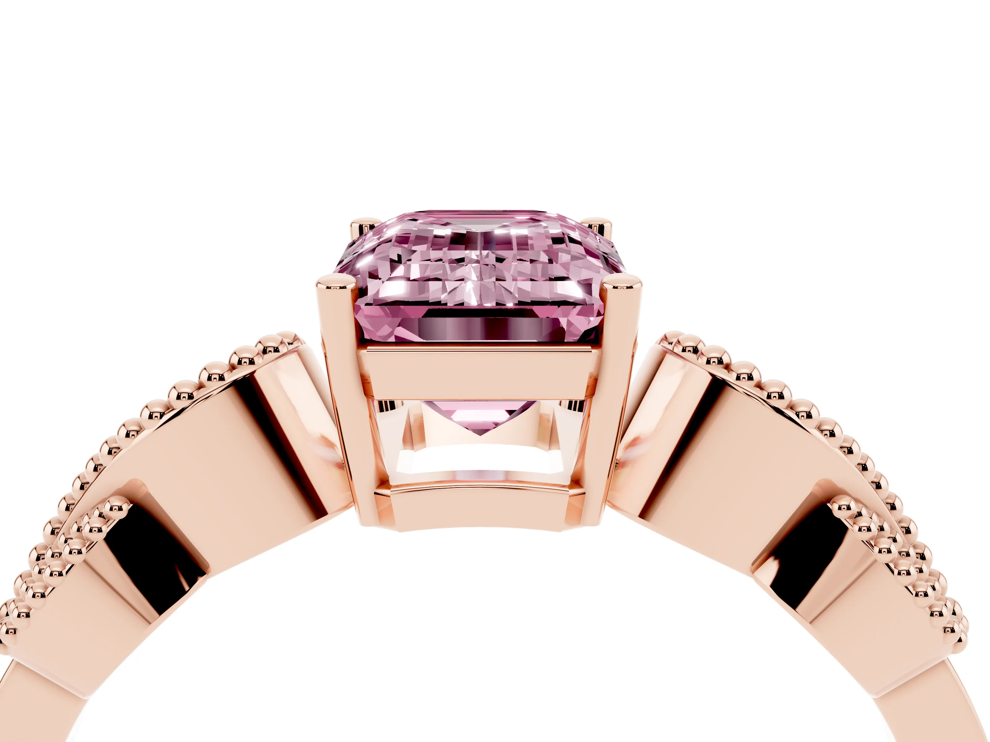 Fancy Pink Emerald Cut Diamond Milgrain Leaf Band Solitaire Ring Set in Rose gold with Accent Stones and Prong Setting
