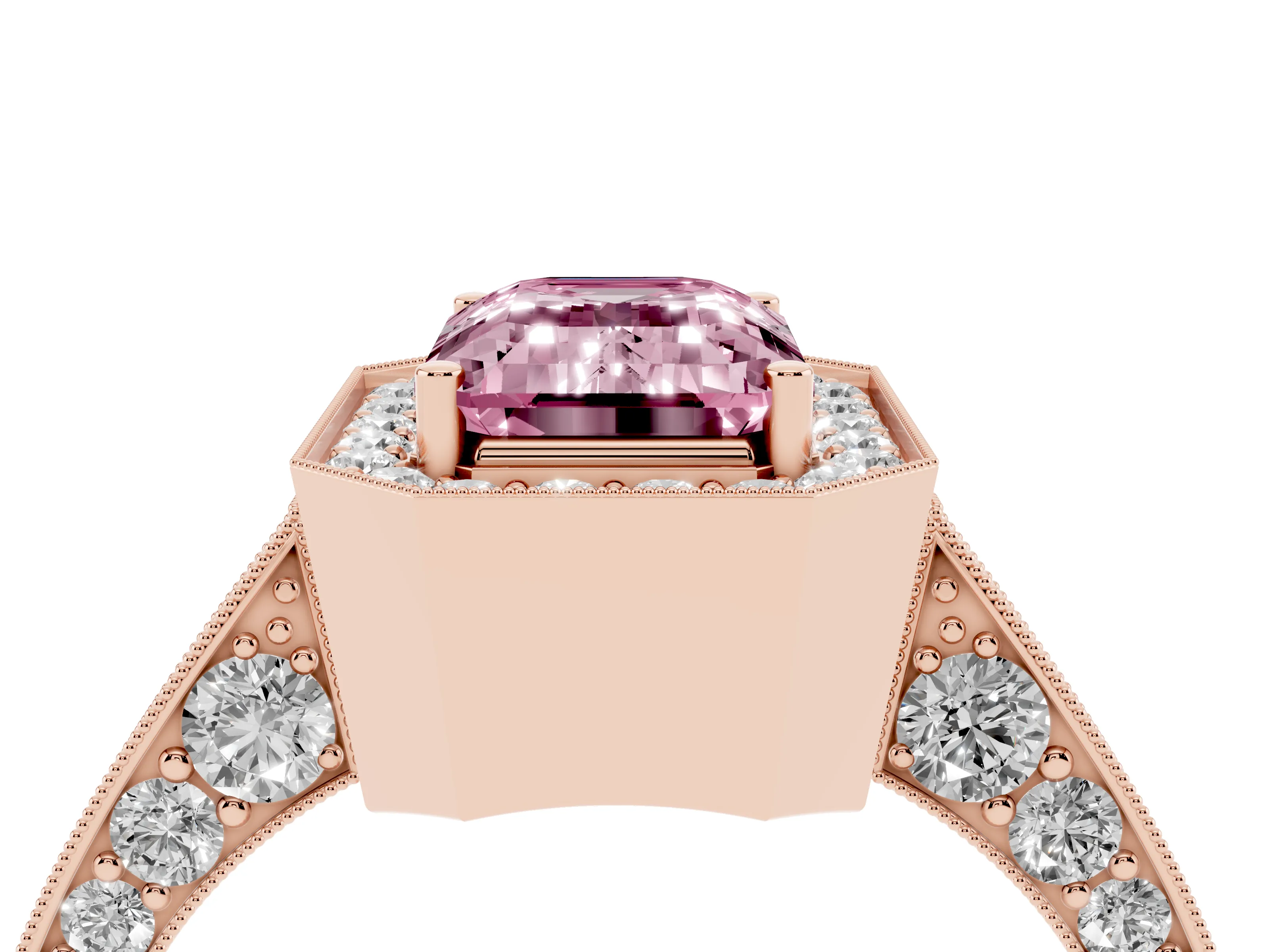 Fancy Pink Emerald Cut Diamond Halo Engagement Ring Set in Rose gold with Accent Split Shank Band