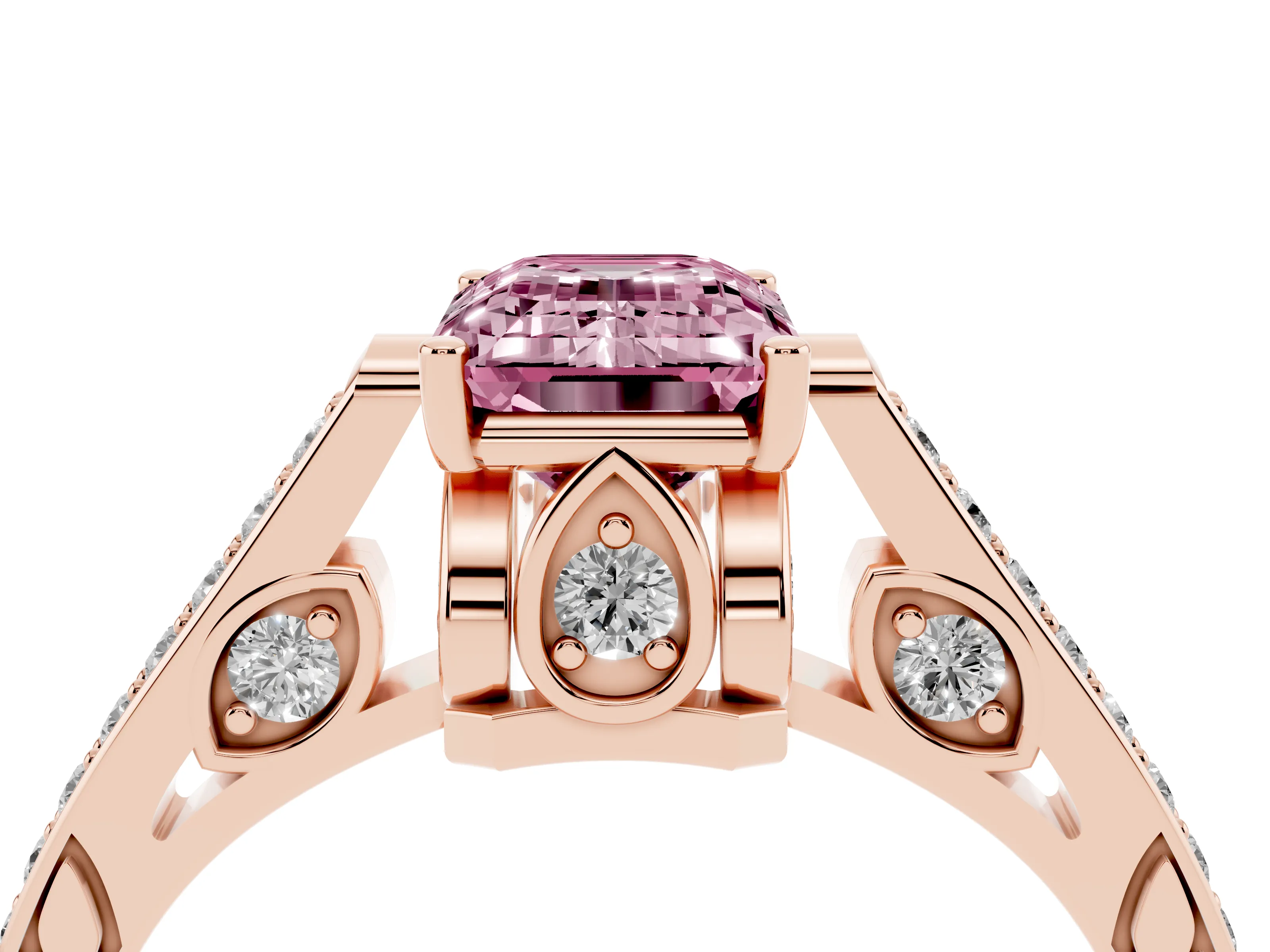 Fancy Pink Emerald Cut Diamond Cathedral Pavé Engagement Ring Set in Rose gold with Prong Setting