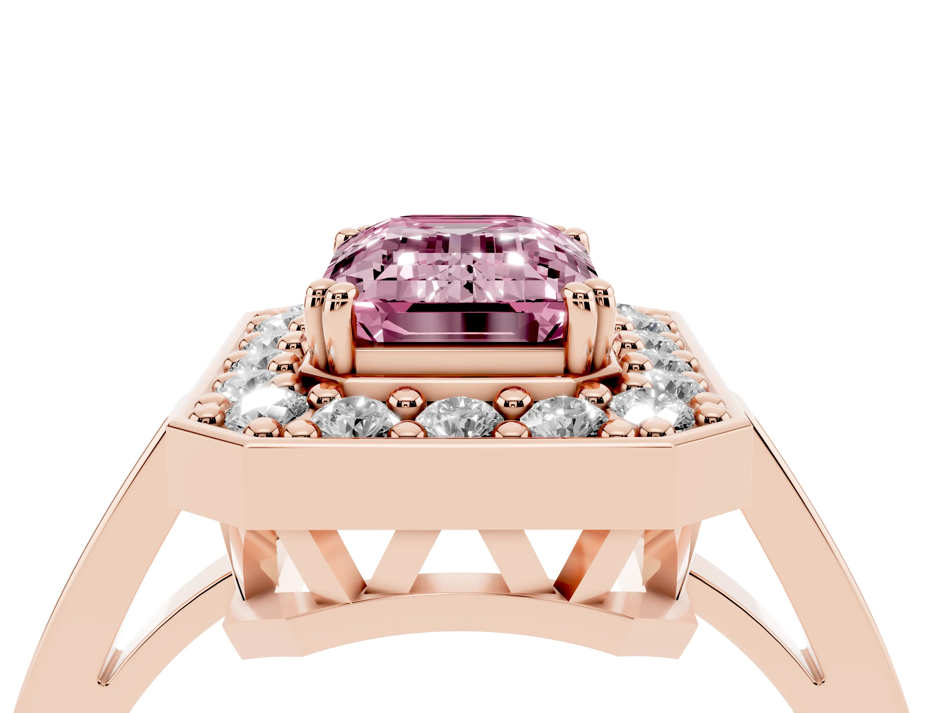 Fancy Pink Emerald Cut Diamond Halo Ring Set in Rose gold with Accent-Lined Split Shank and Prong Setting