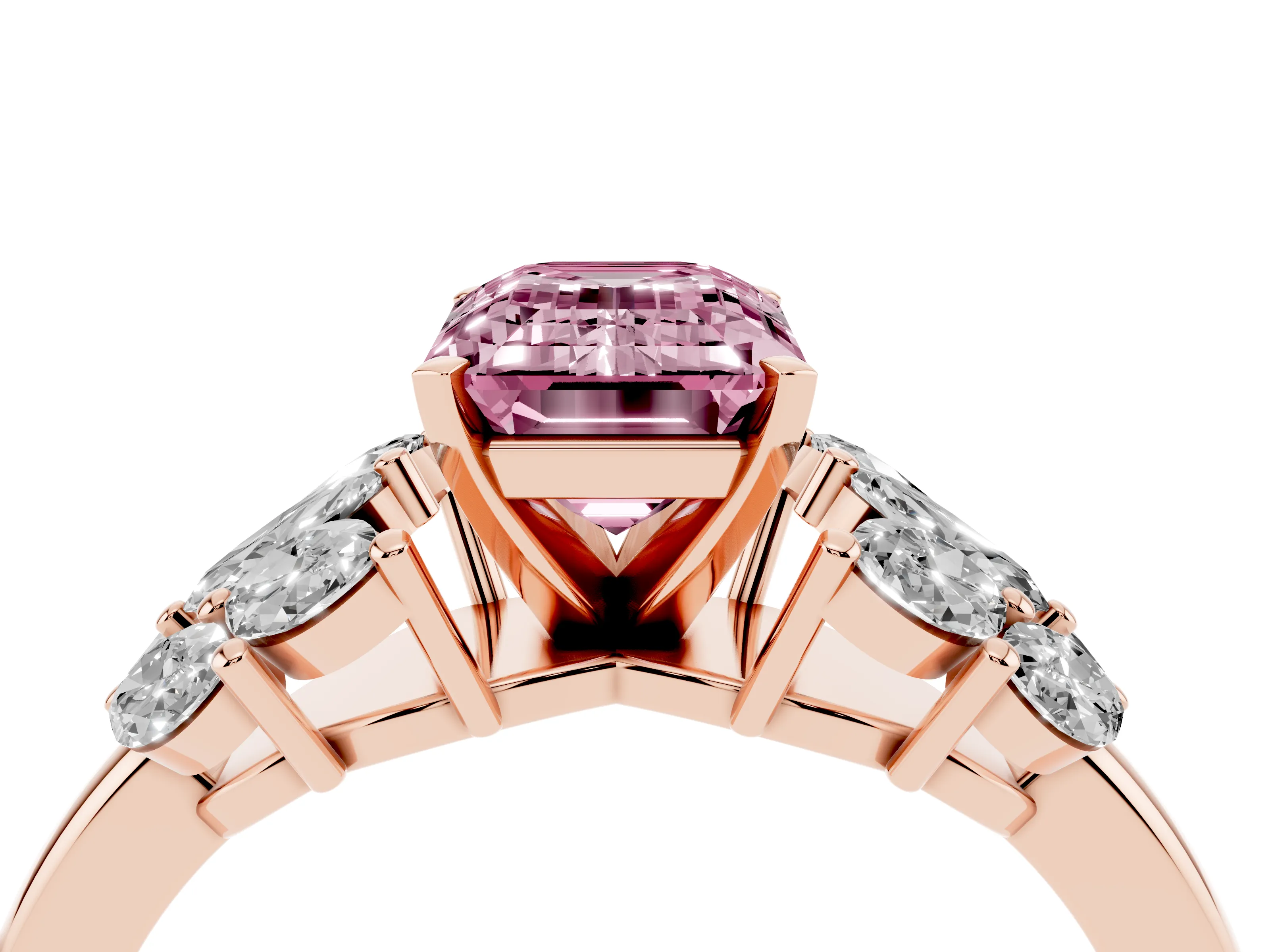 Fancy Pink Emerald Cut Diamond Cluster Leaf Design Ring Set in Rose gold with Prong Setting