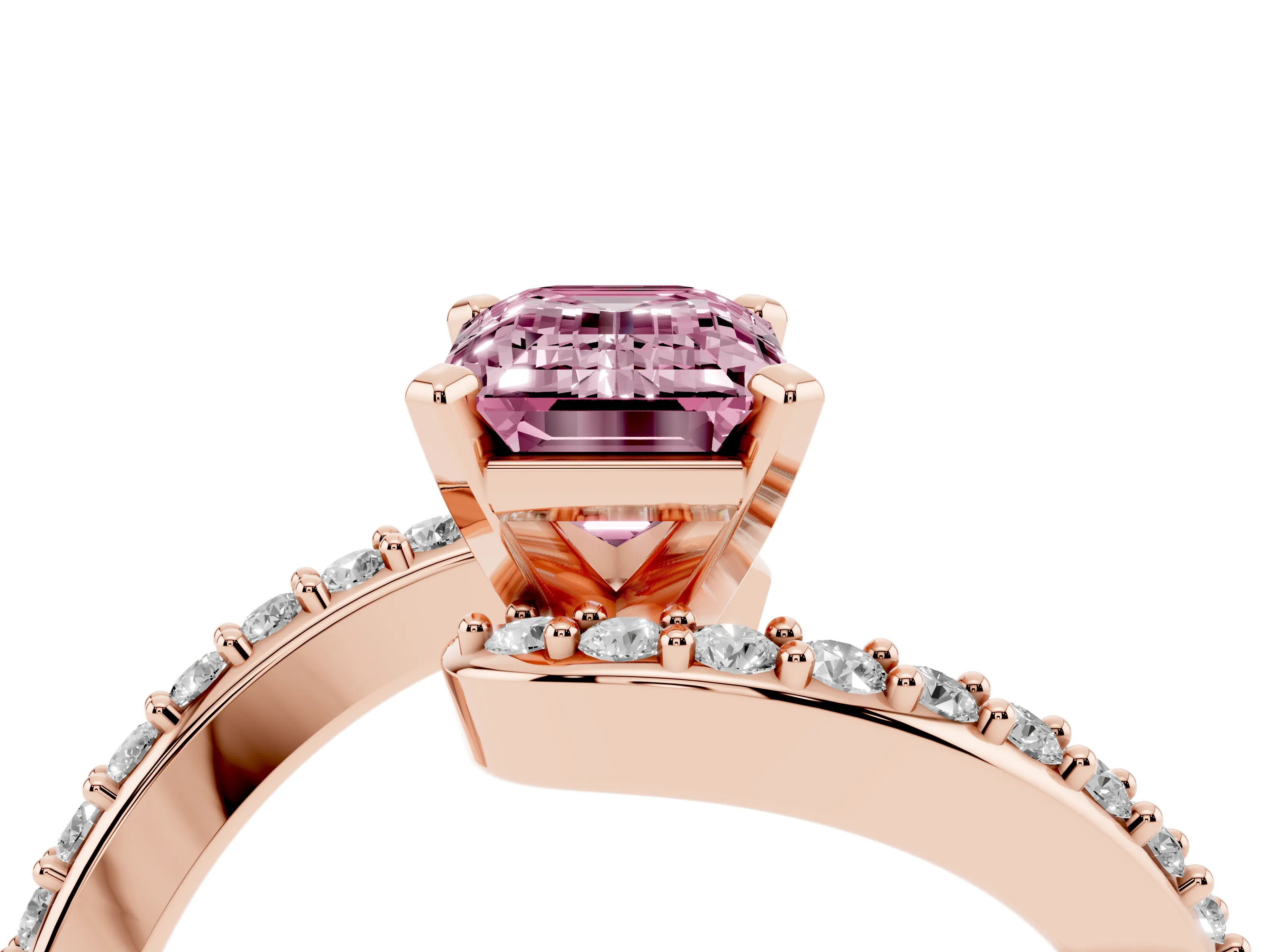 Fancy Pink Emerald Cut Diamond Solitaire Ring Set in Rose gold with Pavé Twist Band and Prong Setting