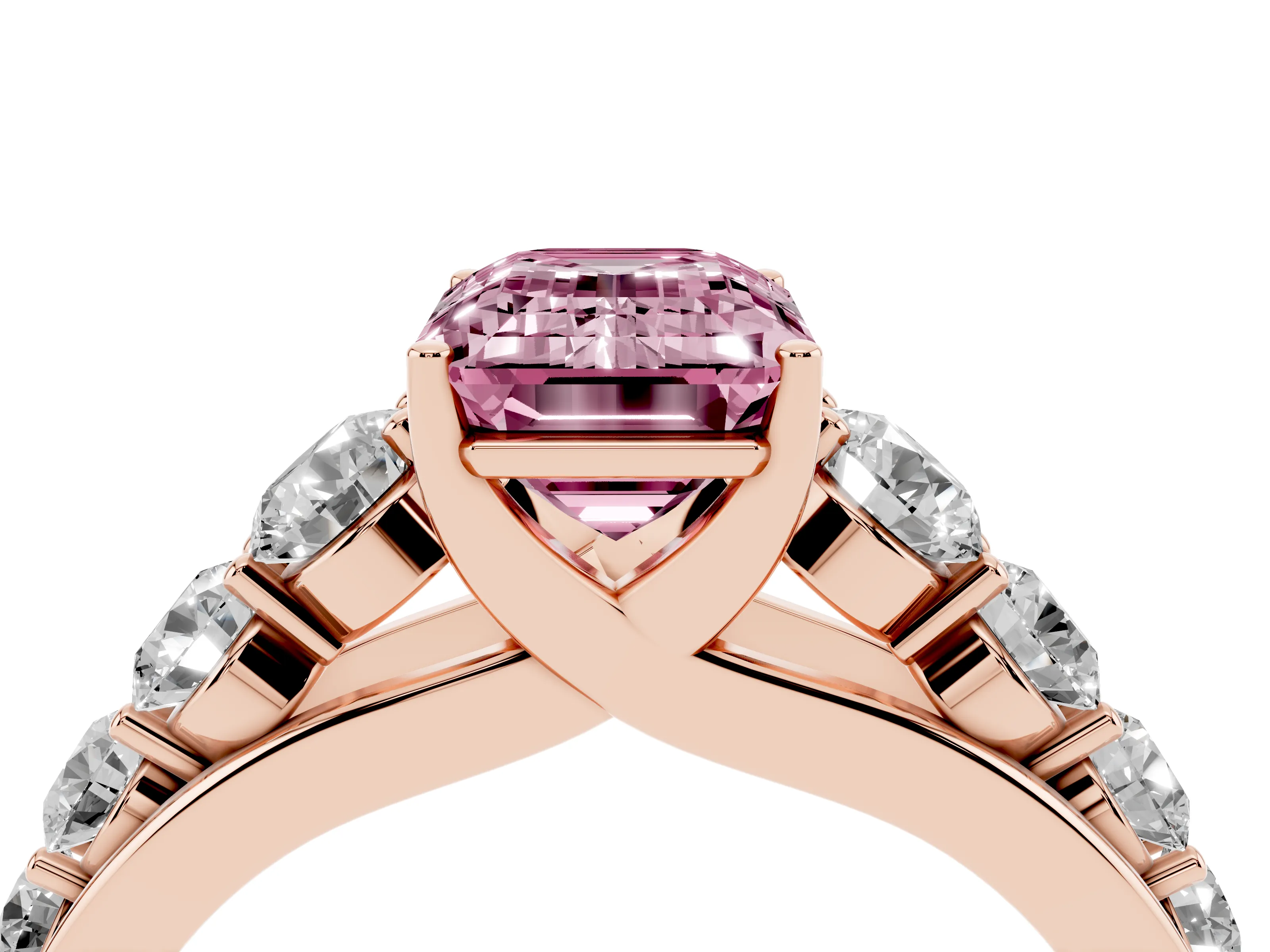 Fancy Pink Emerald Cut Diamond Solitaire Ring Set in Rose gold with Pavé-Set Band and Prong Setting