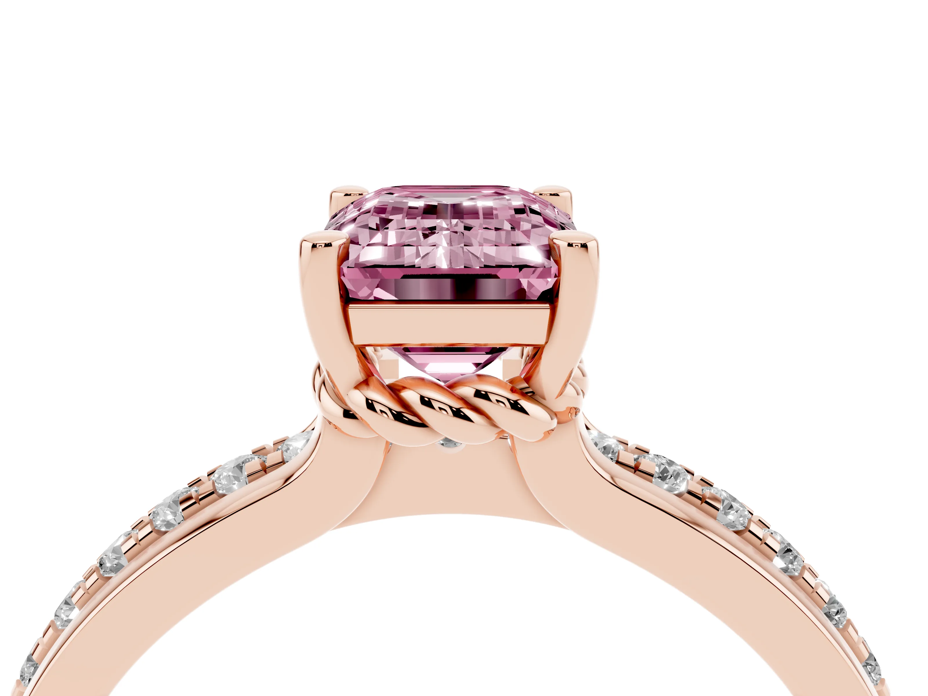 Fancy Pink Emerald Cut Diamond Solitaire Ring Set in Rose gold with Channel Set Band and Prong Setting