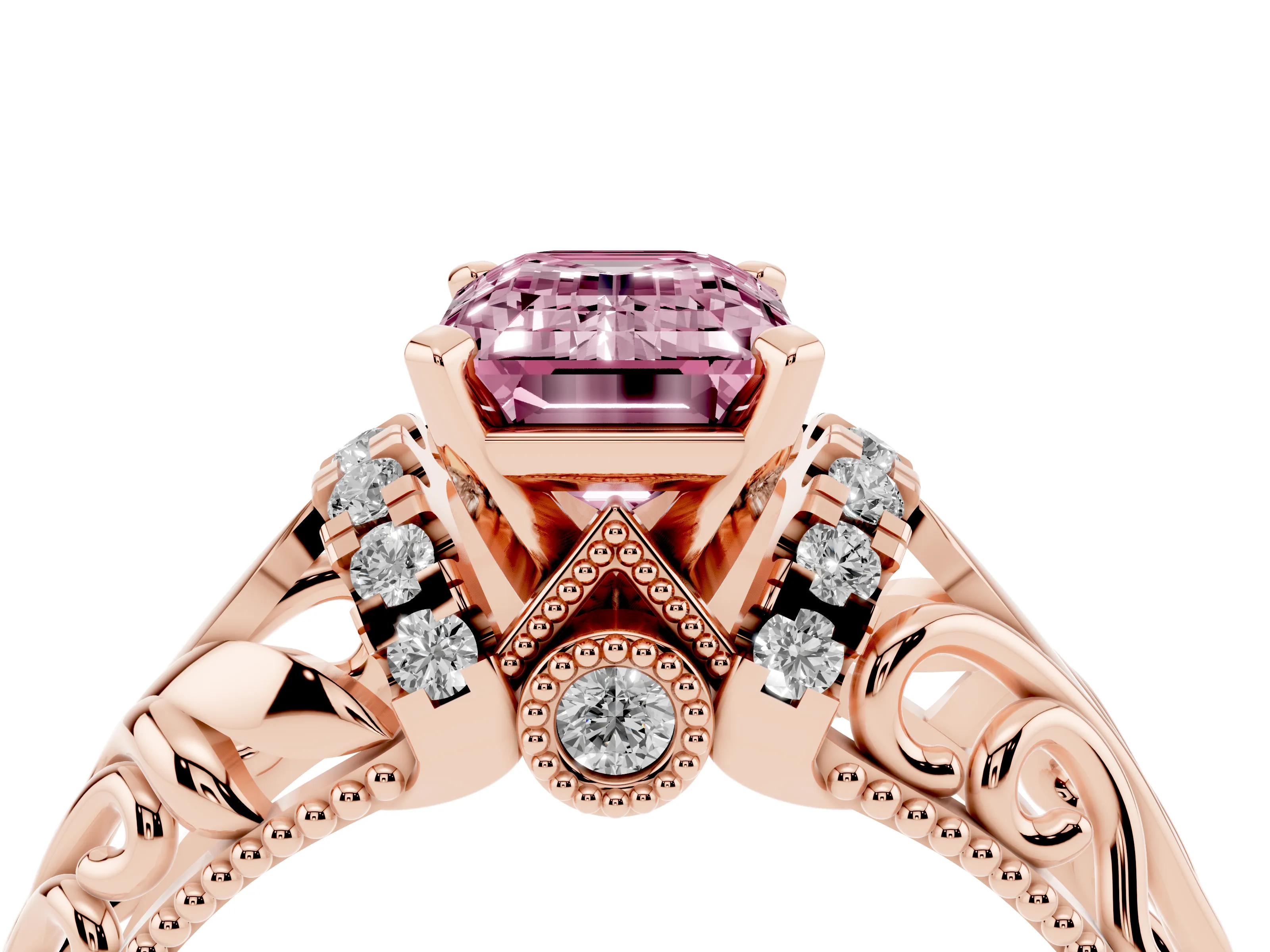 Fancy Pink Emerald Cut Diamond Filigree Halo Engagement Ring Set in Rose gold with Prong Setting