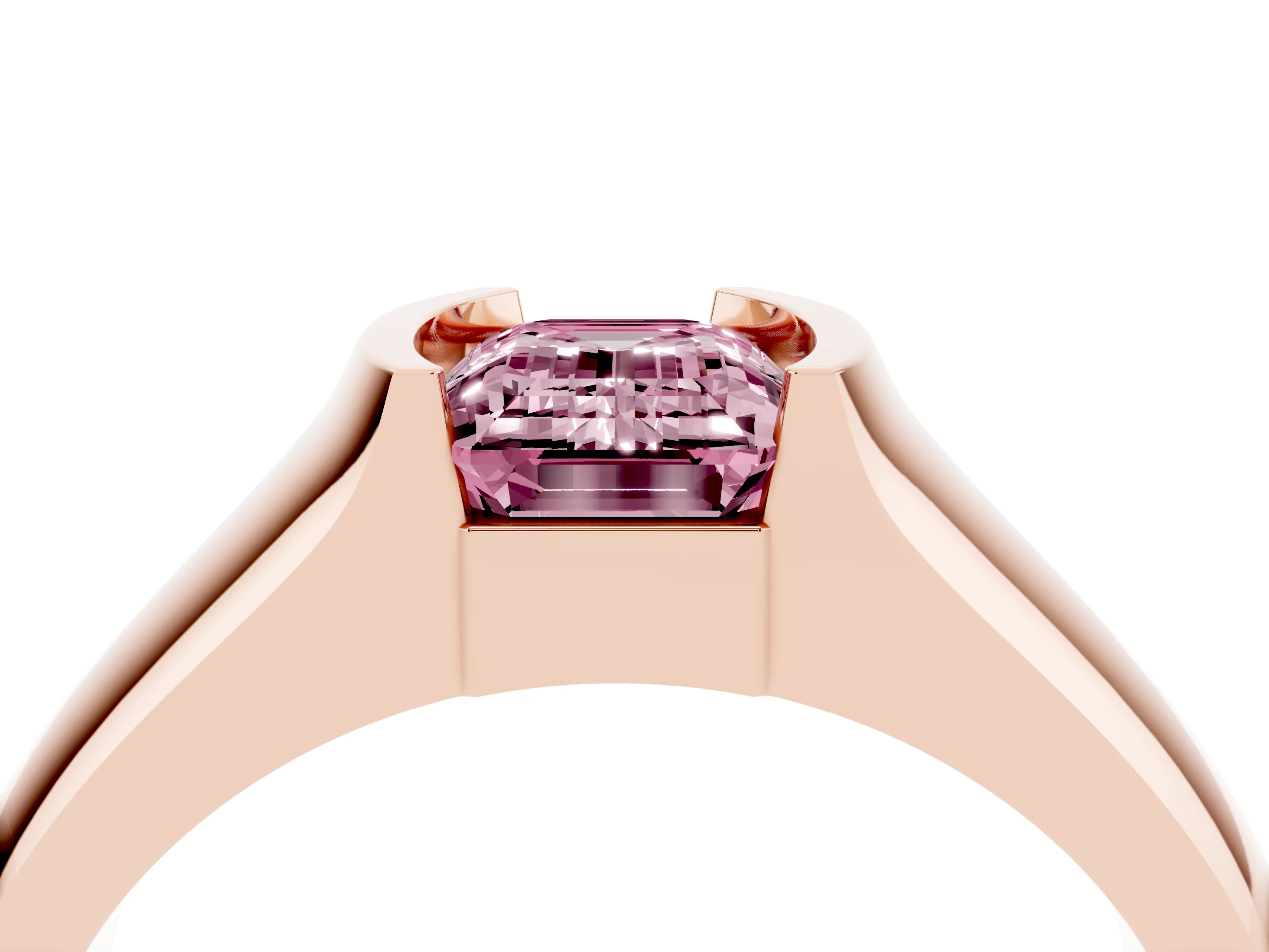 Fancy Pink Emerald Cut Diamond Bezel Solitaire Ring Set in Rose gold with Wide Band