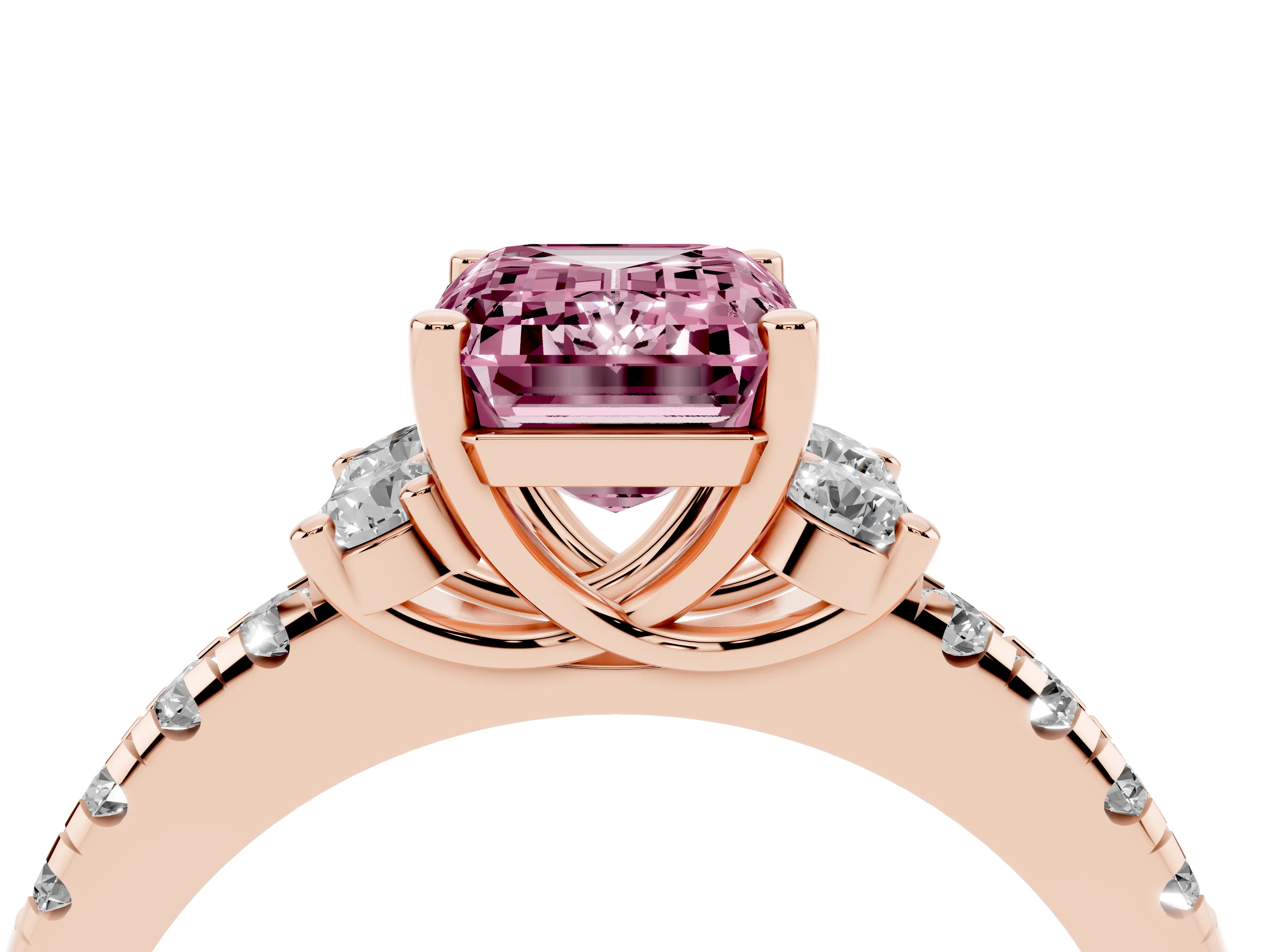 Fancy Pink Emerald Cut Diamond Three-Stone Pavé Ring Set in Rose gold with Prong Setting