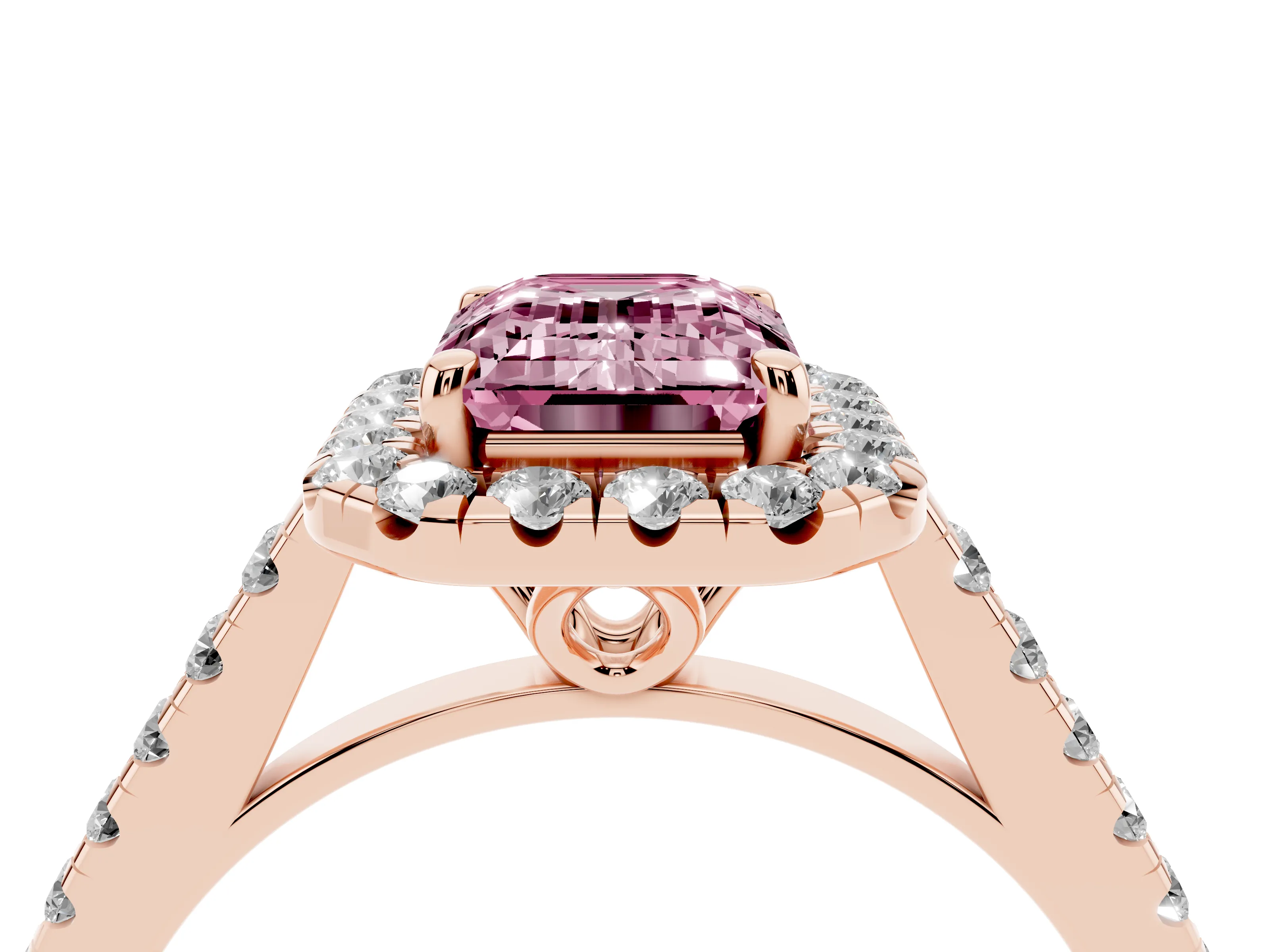 Fancy Pink Emerald Cut Diamond Pavé Halo Engagement Ring Set in Rose gold with Pavé Band and Prong Setting