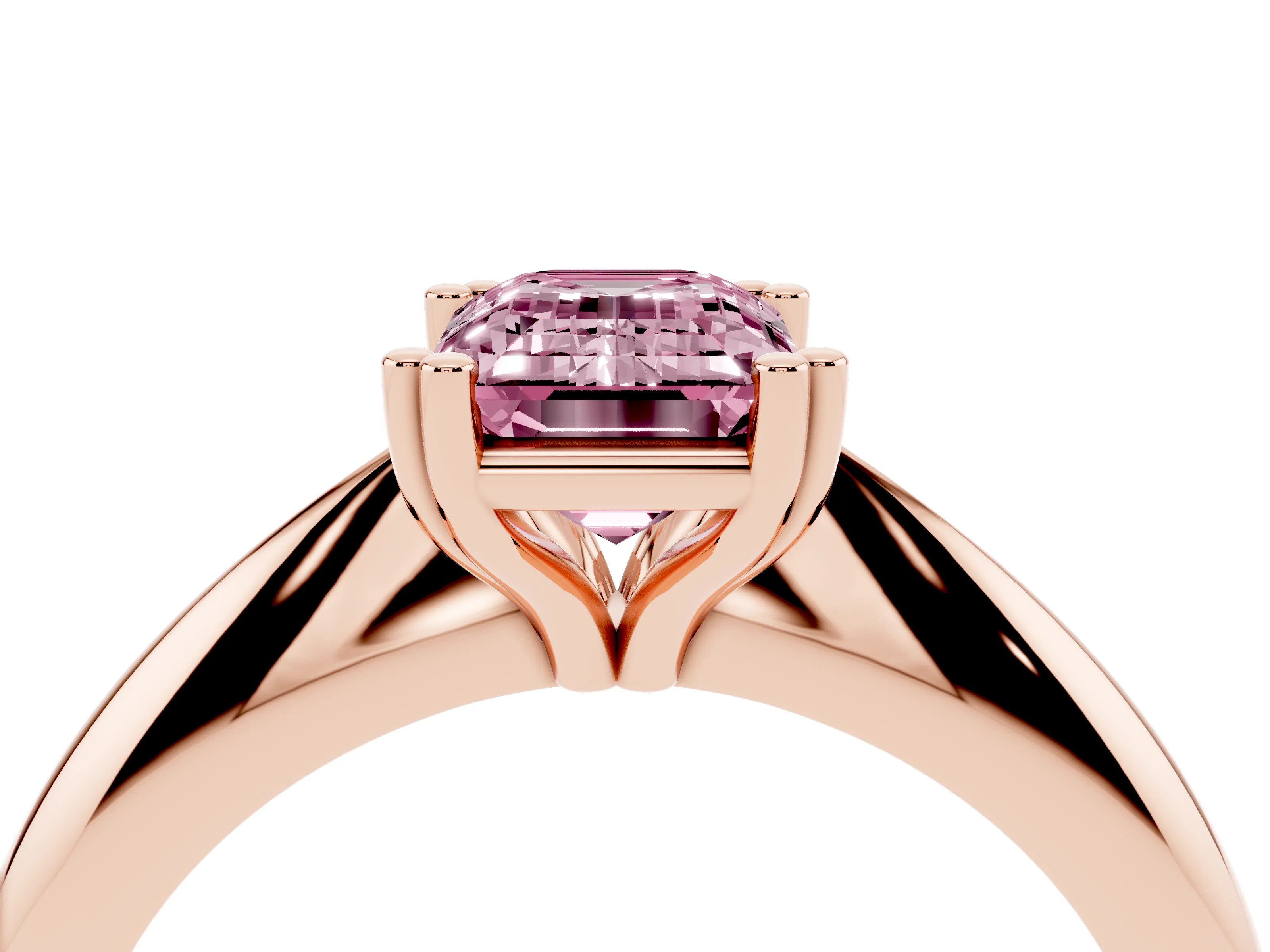 Fancy Pink Emerald Cut Diamond Solitaire Engagement Ring Set in Rose gold with Tapered Band and Prong Setting