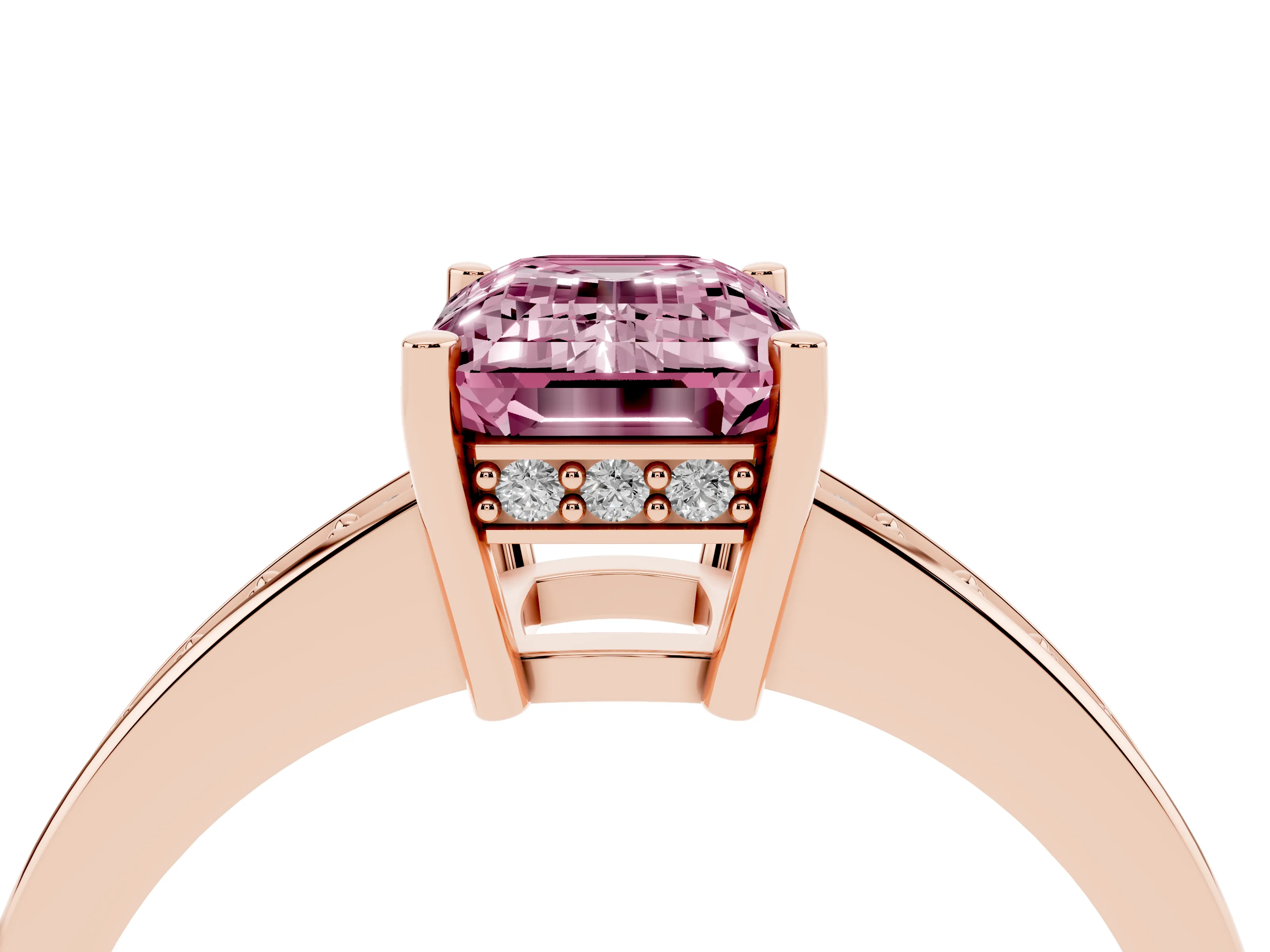 Fancy Pink Emerald Cut Diamond Pavé Band Prong Set Solitaire Ring Set in Rose gold