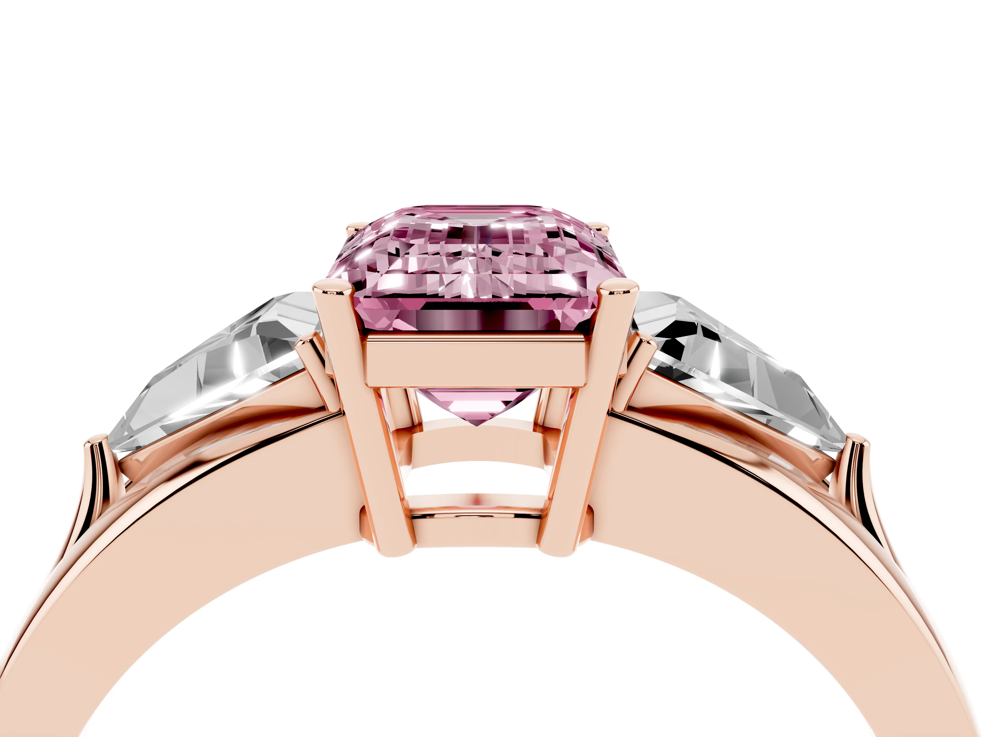 Fancy Pink Emerald Cut Diamond Three-Stone Ring Set in Rose gold with Trillion Side Stones and Split Shank