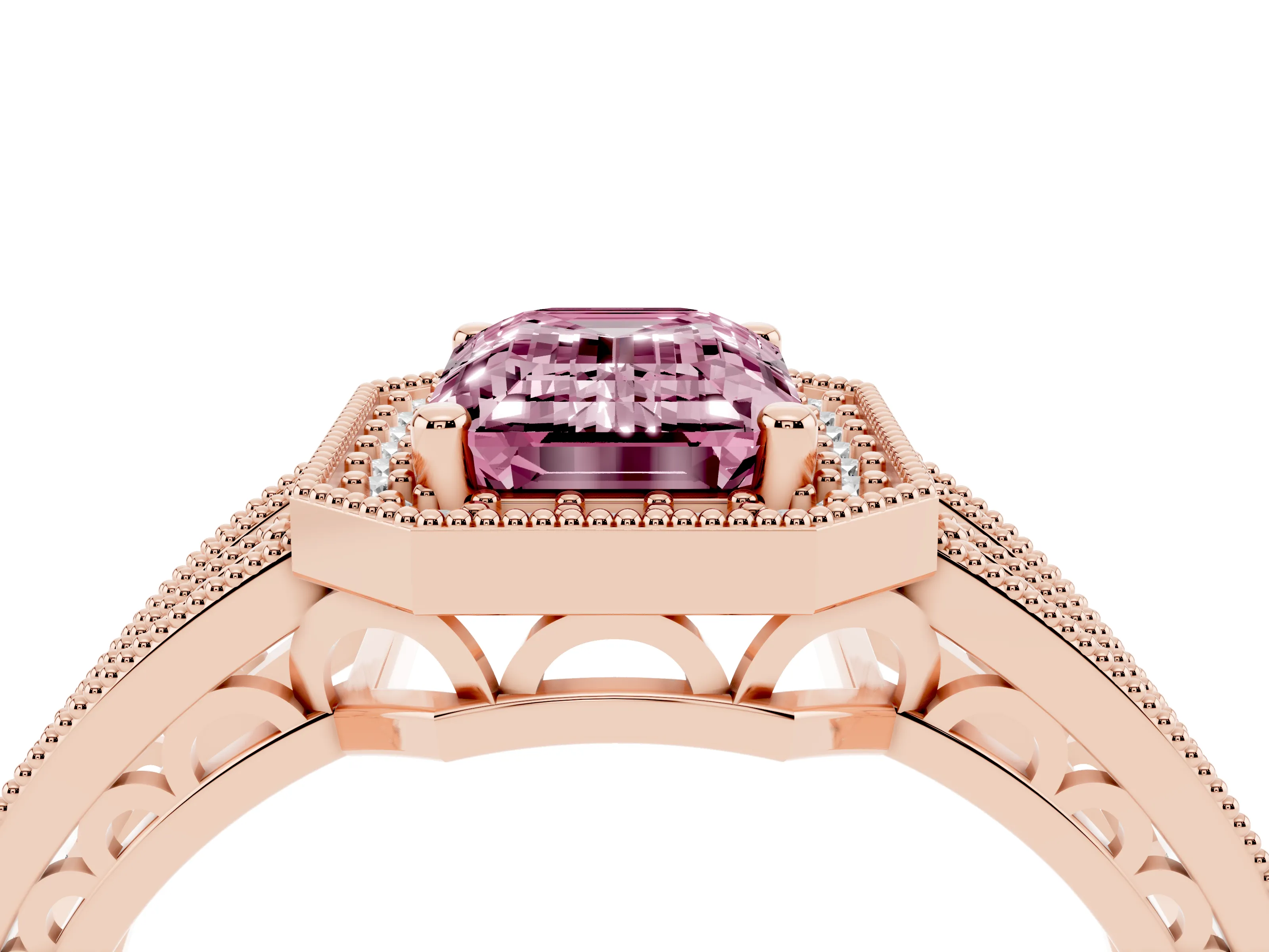 Fancy Pink Emerald Cut Diamond Halo Ring Set in Rose gold with Accent Split Shank and Prong Setting