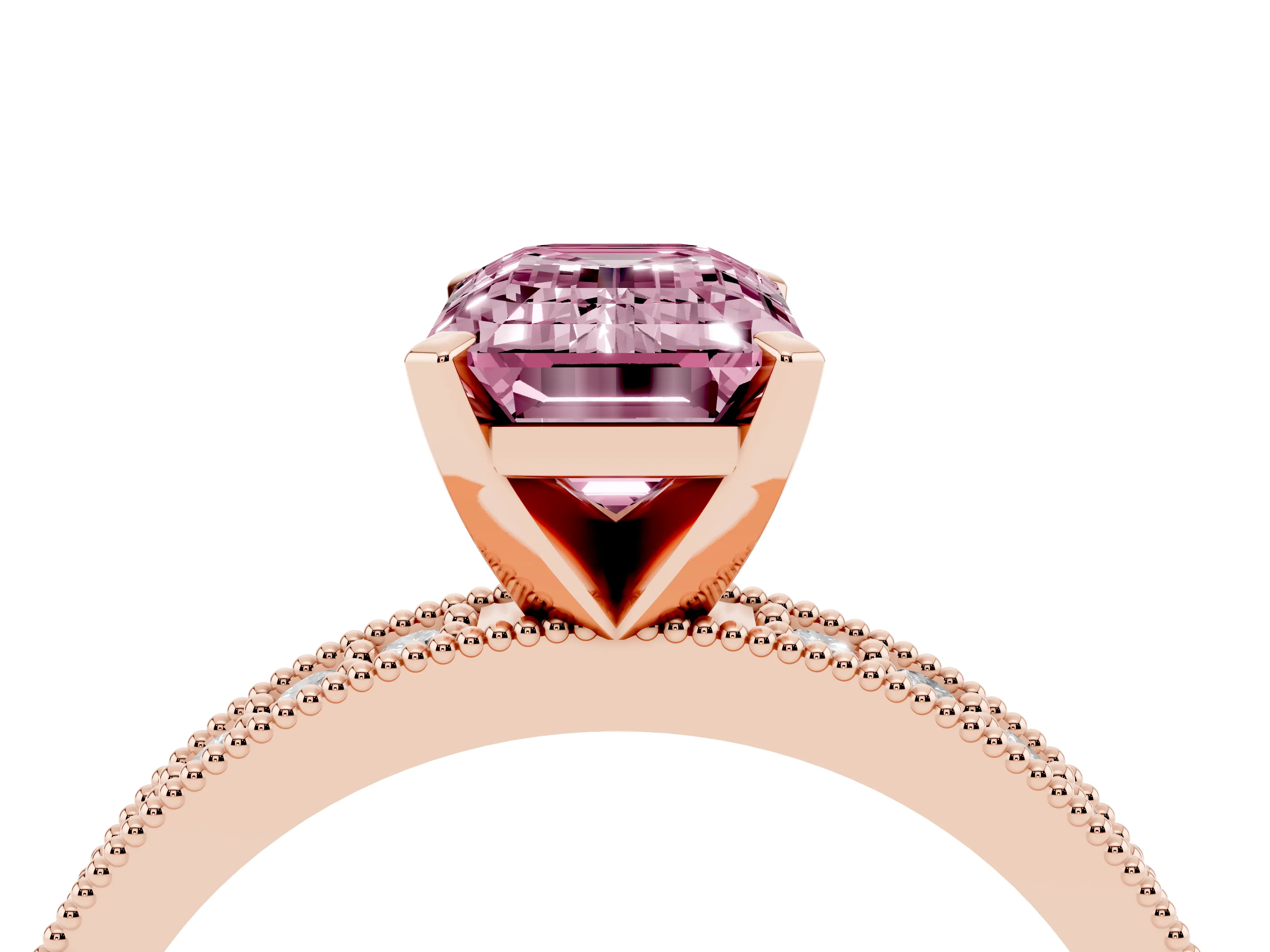 Fancy Pink Emerald Cut Diamond Milgrain Pavé Engagement Ring Set in Rose gold with Prong Setting