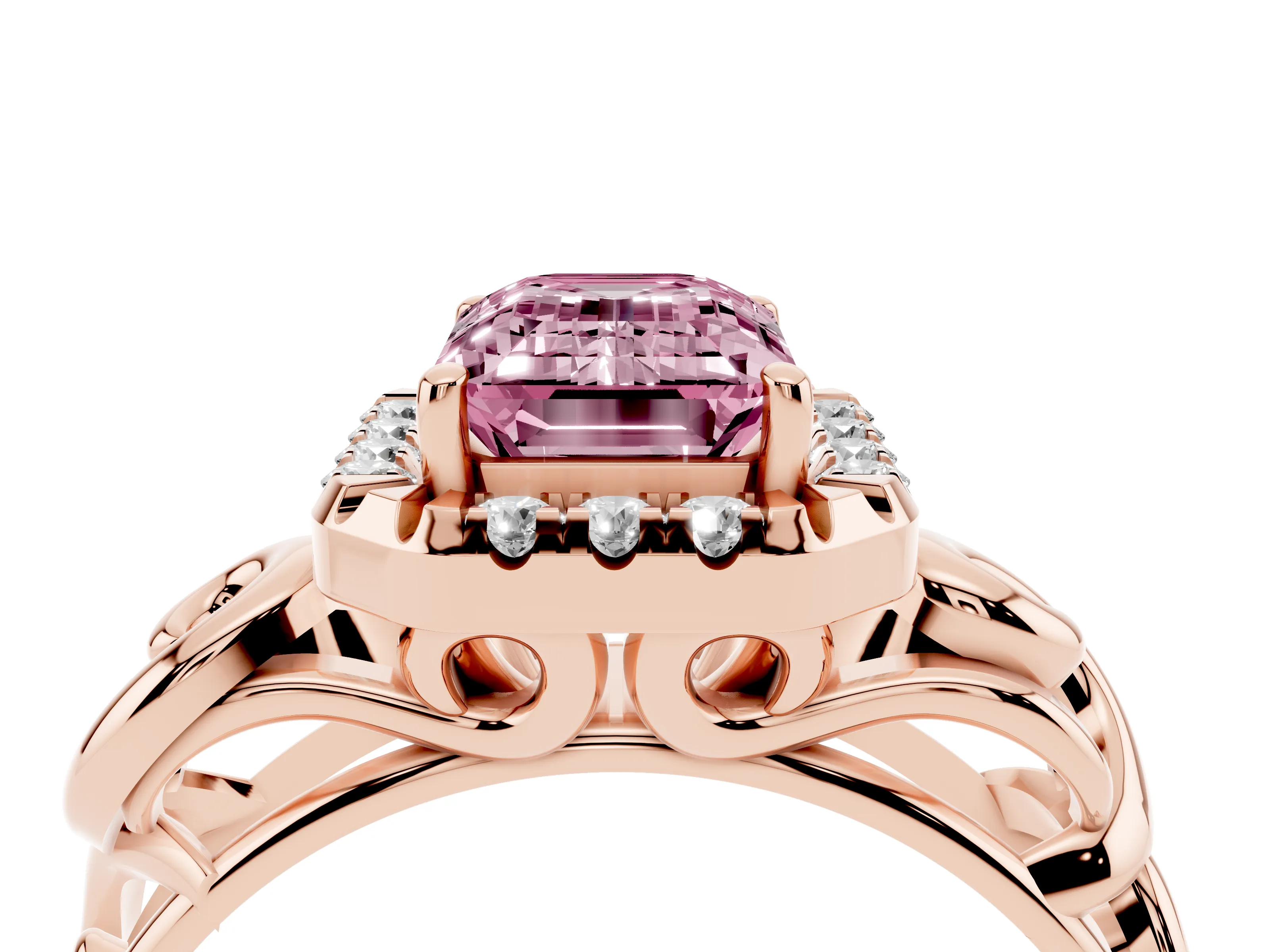 Fancy Pink Emerald Cut Diamond Halo Ring Set in Rose gold with Scrollwork Band and Prong Setting