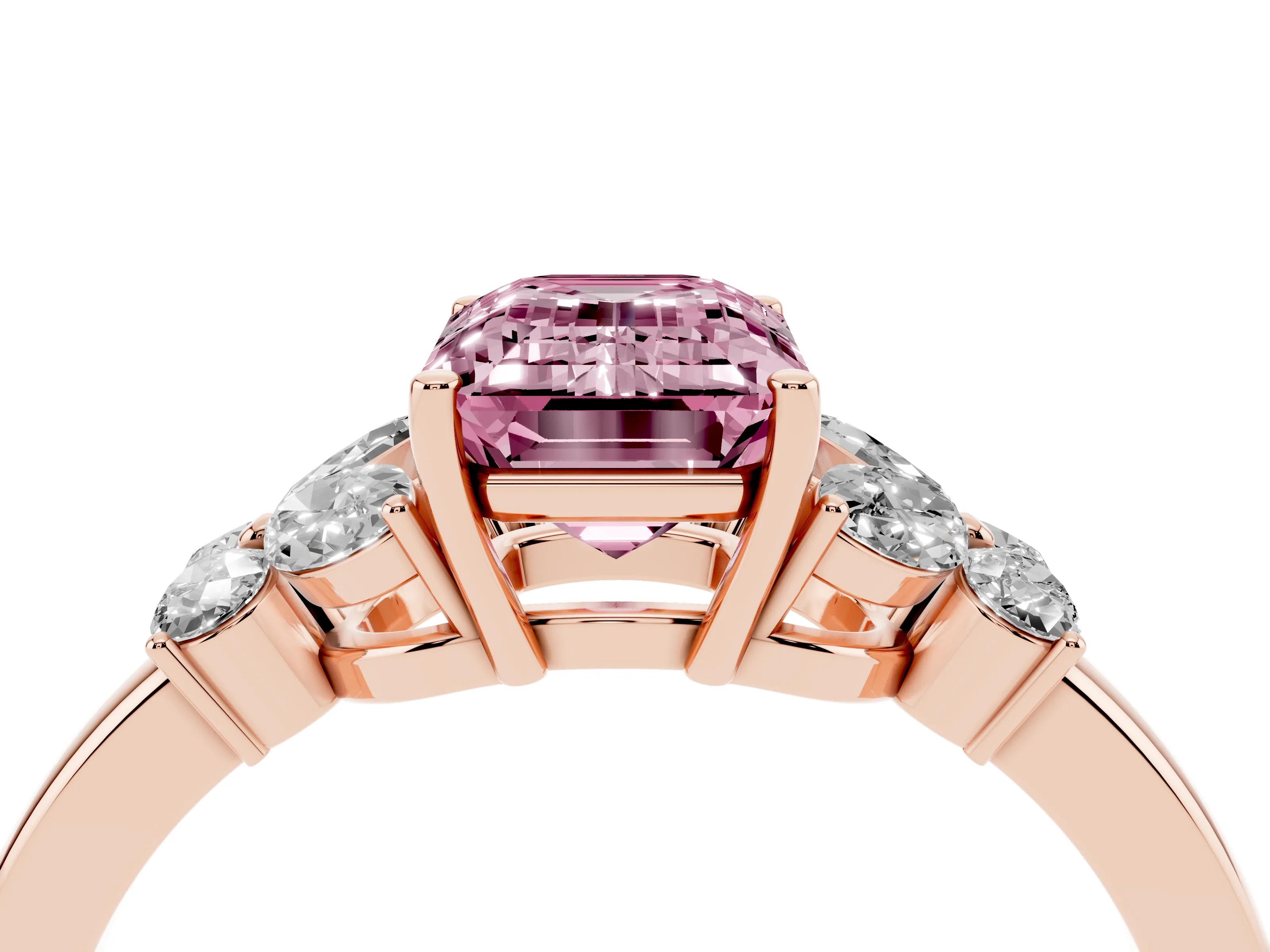 Fancy Pink Emerald Cut Diamond Solitaire Floral Ring Set in Rose gold with Marquise Petals and Prong Setting