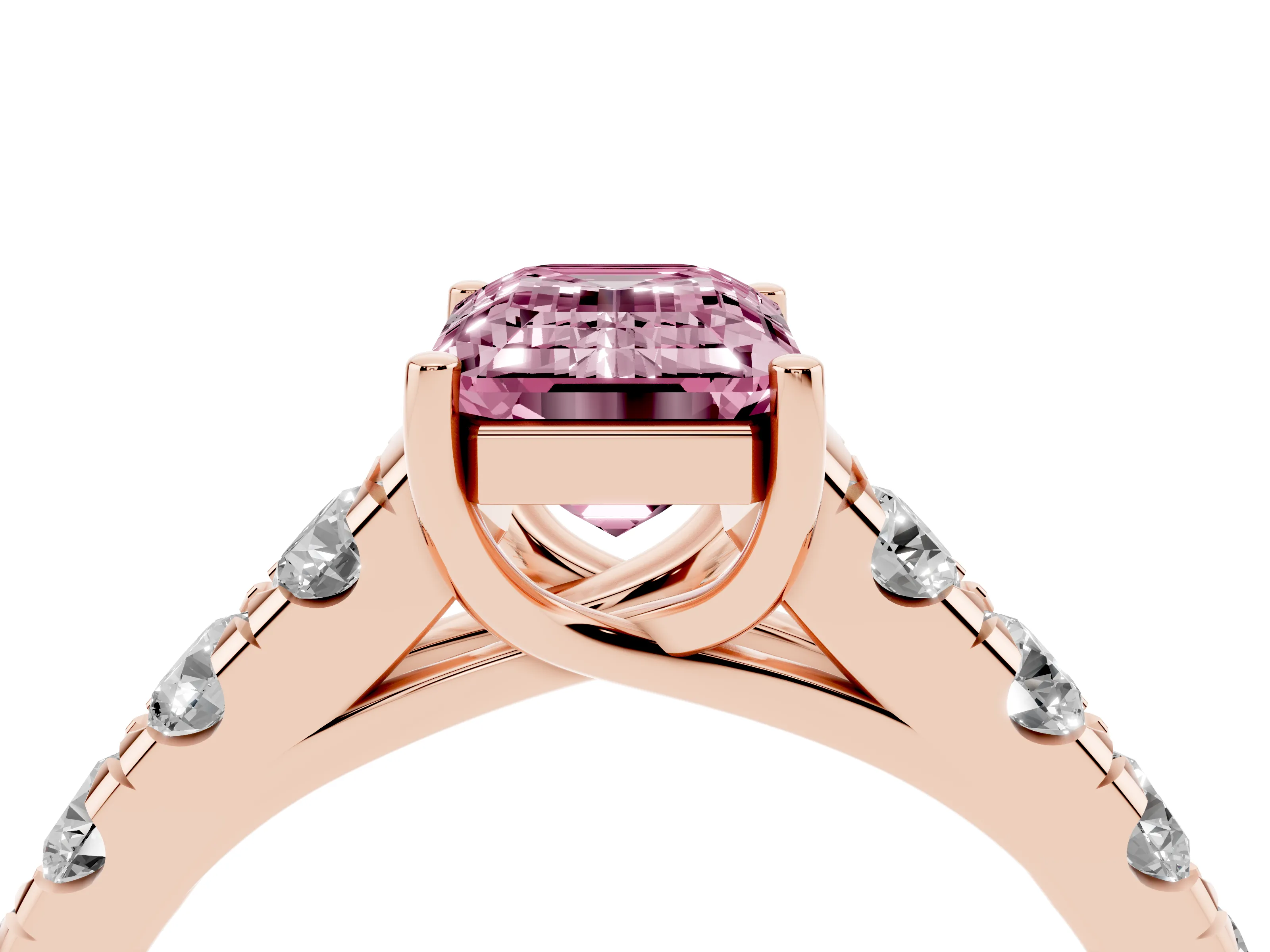 Fancy Pink Emerald Cut Diamond Solitaire Ring Set in Rose gold with Cut-Down Micro Pavé Band and Prong Setting