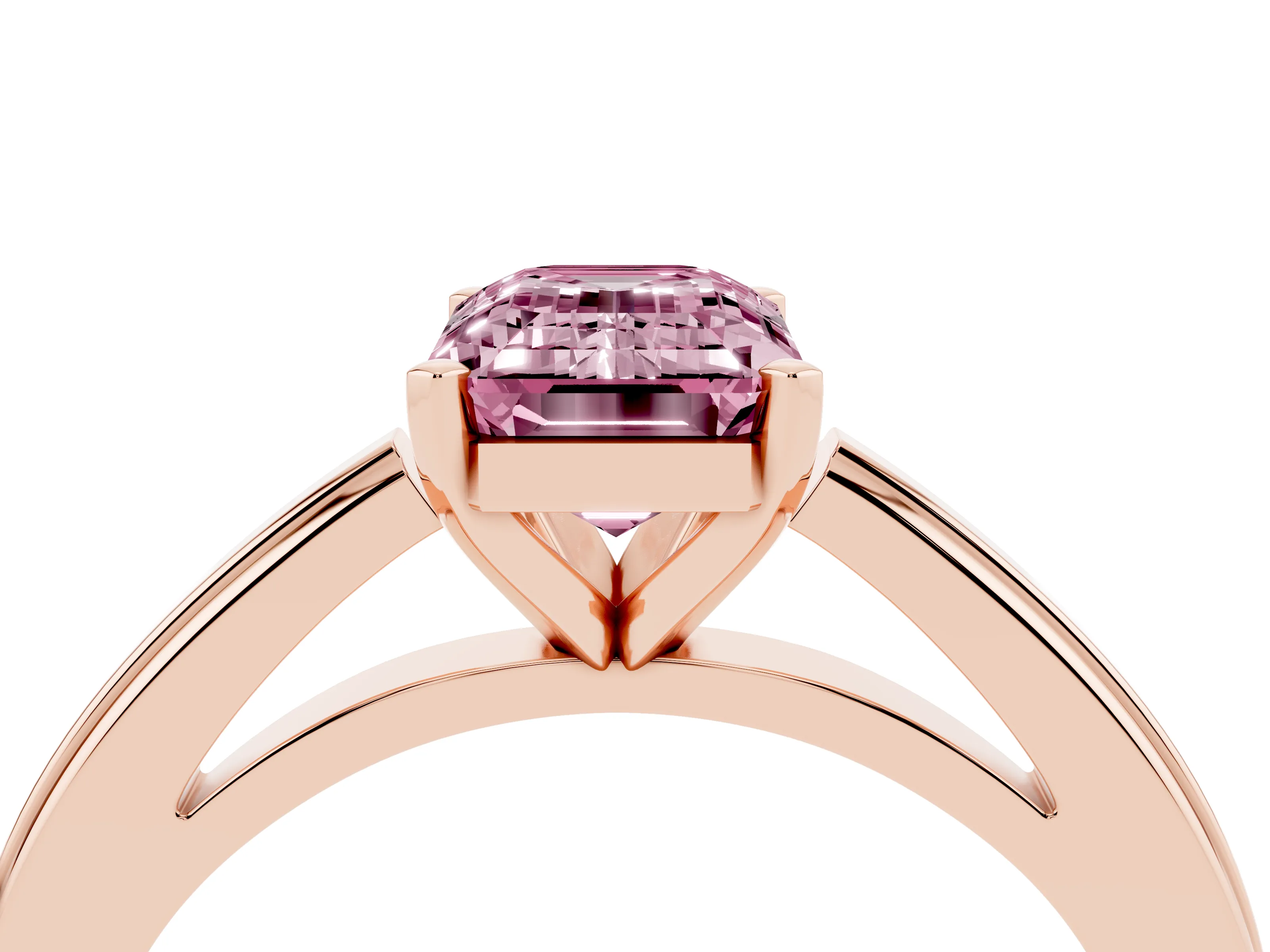 Fancy Pink Emerald Cut Diamond Solitaire Ring Set in Rose gold with Prong Setting and Classic Band