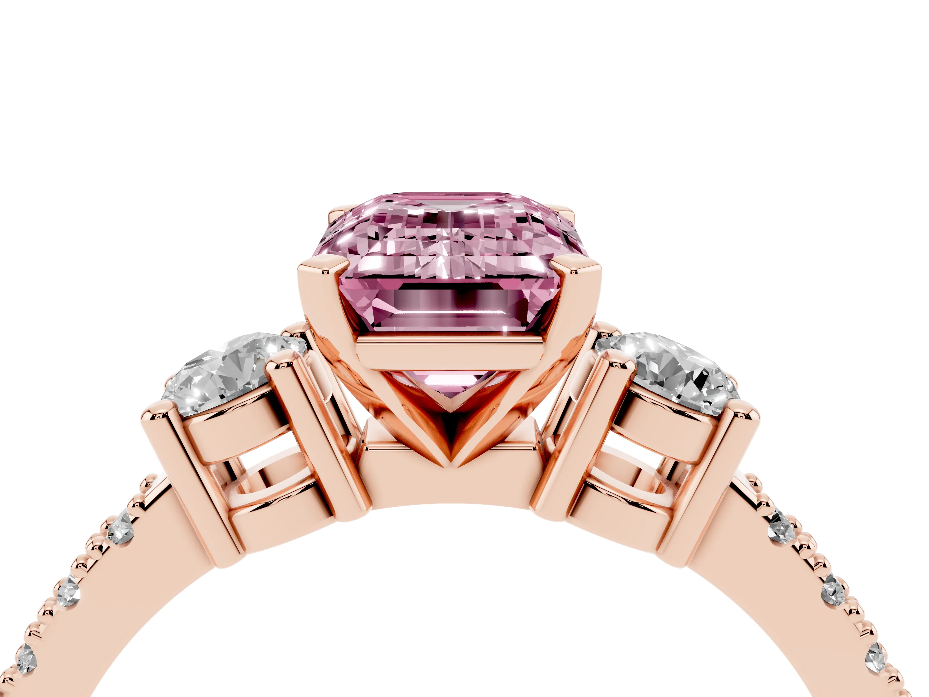 Fancy Pink Three-Stone Emerald Cut Diamond Pavé Band Ring Set in Rose gold with Prong Setting