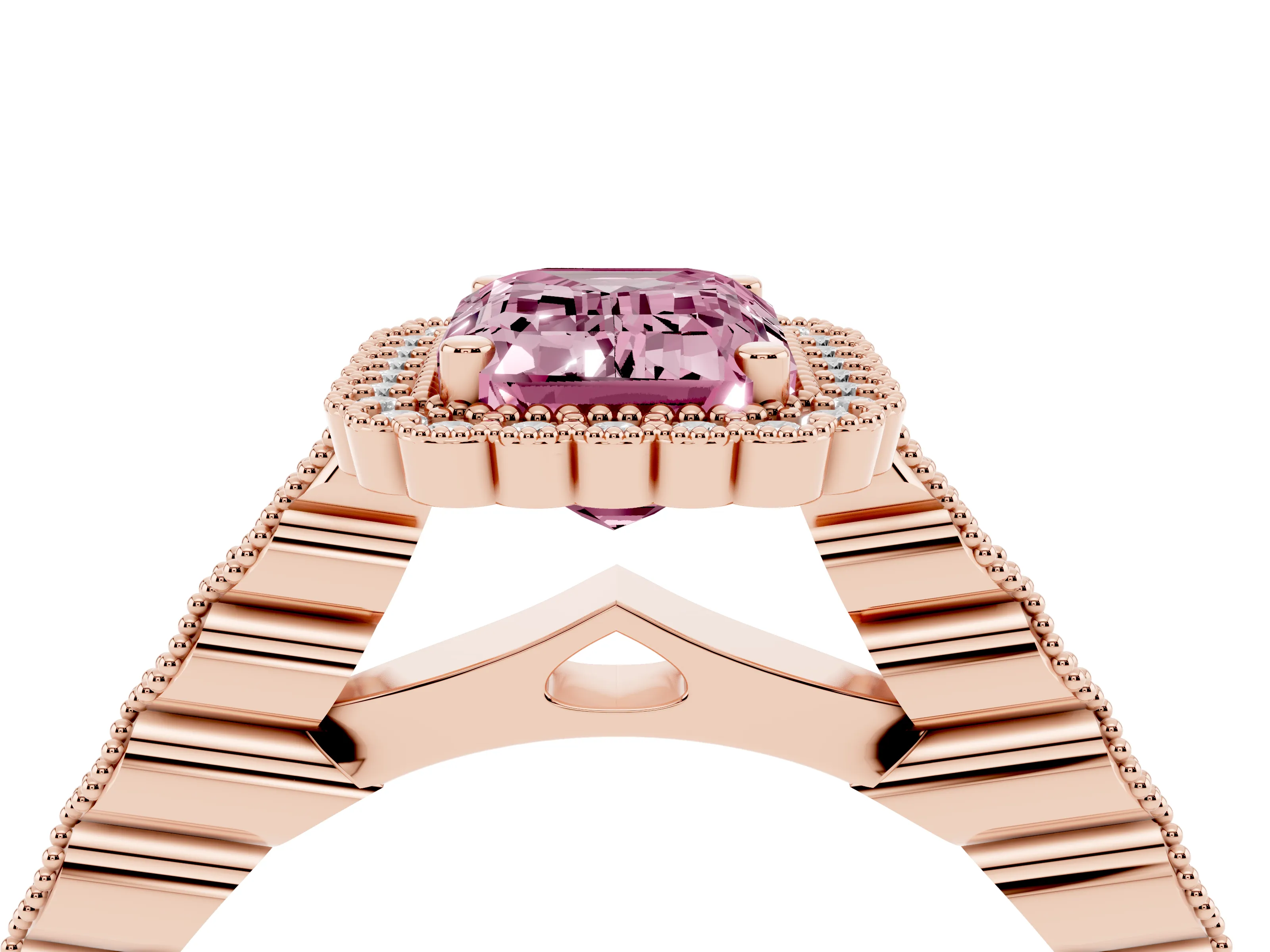 Fancy Pink Emerald Cut Diamond Halo Ring Set in Rose gold with Pavé Milgrain Band