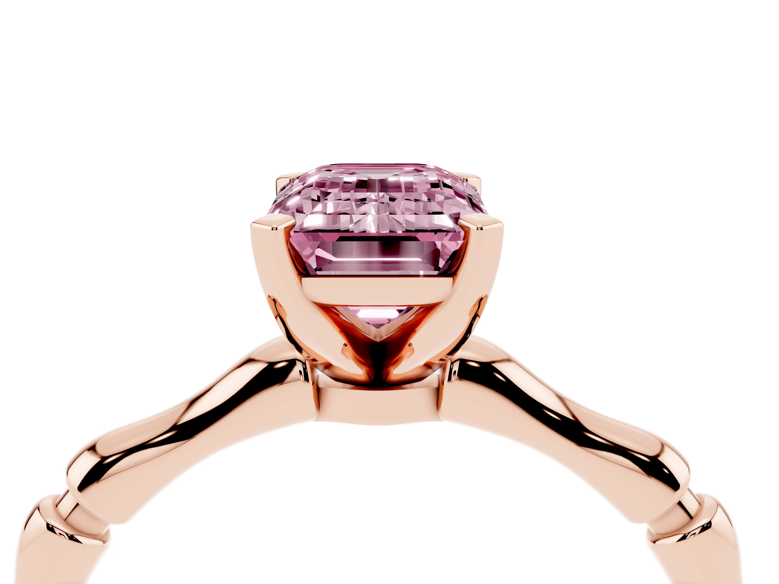 Fancy Pink Emerald Cut Diamond Solitaire Ring Set in Rose gold with Bamboo Band and Prong Setting