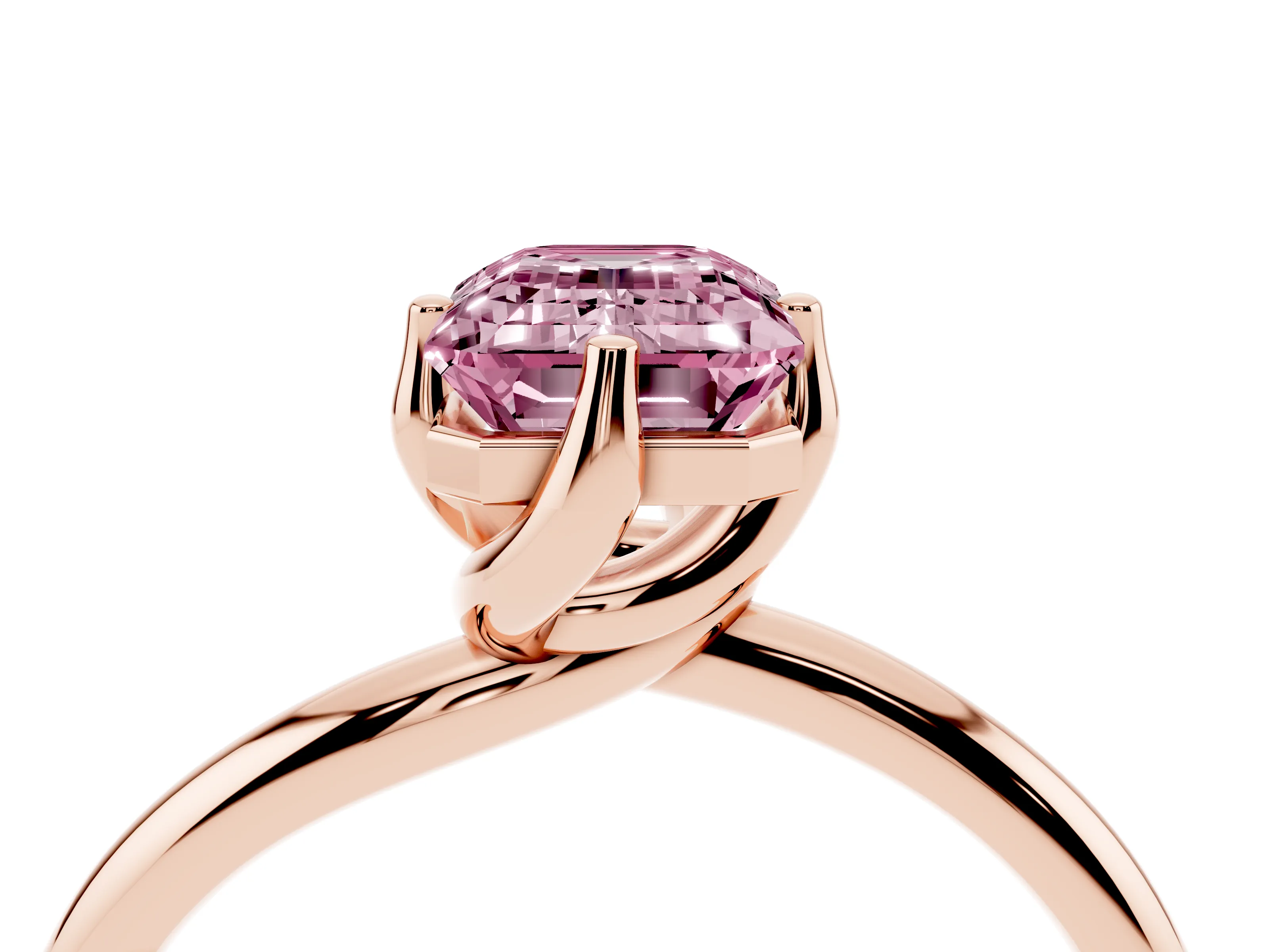 Fancy Pink Emerald Cut Diamond Solitaire Engagement Ring Set in Rose gold with Classic Plain Band