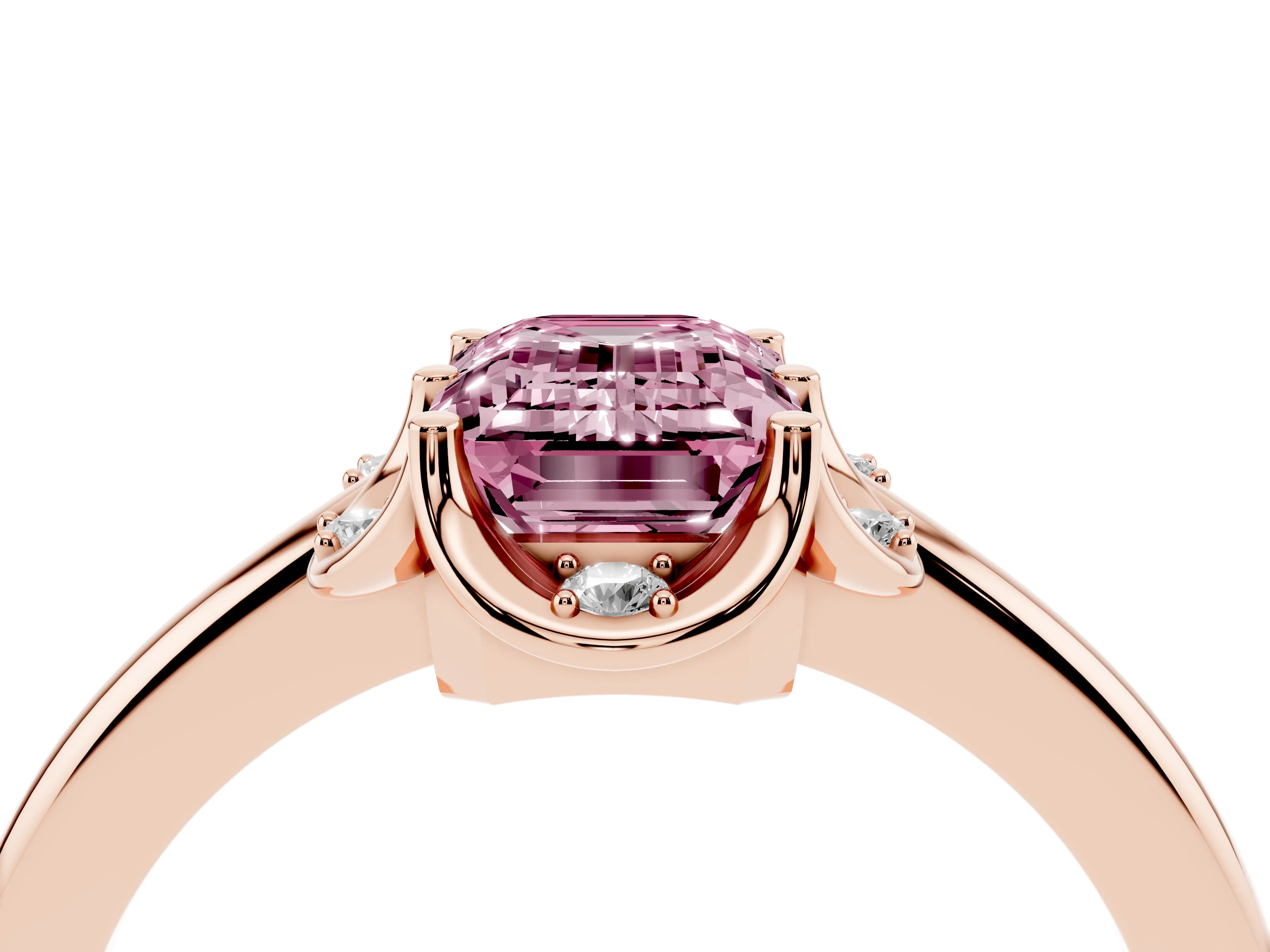 Fancy Pink Emerald Cut Diamond Round Cluster Halo Ring Set in Rose gold with Solitaire Band and Prong Setting