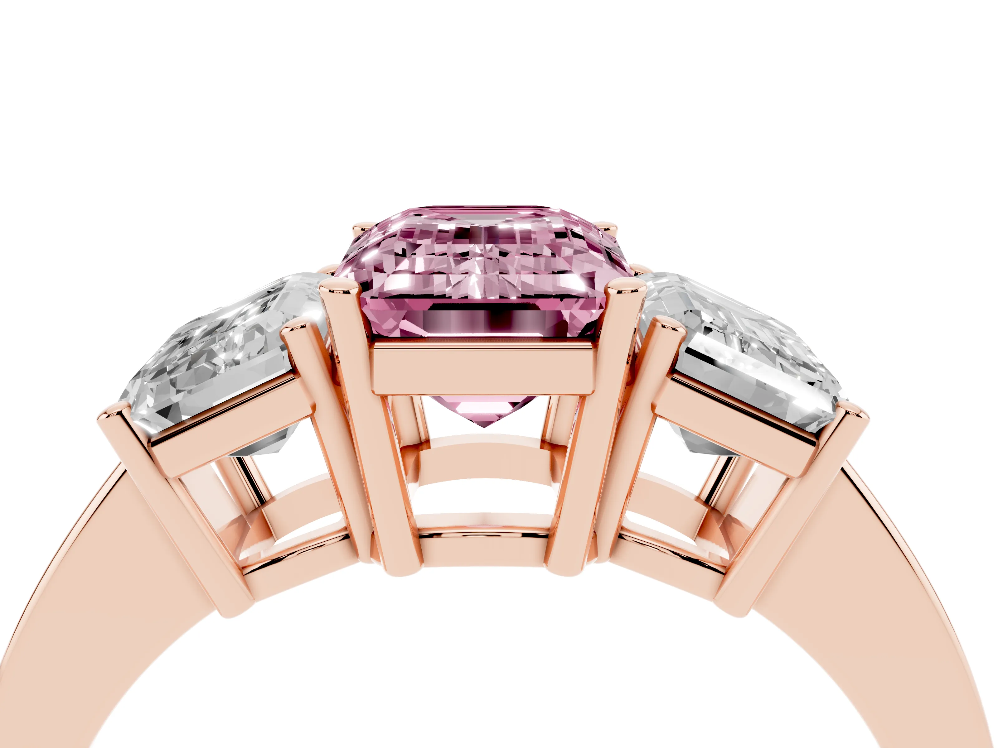Fancy Pink Emerald Cut Diamond Three-Stone Engagement Ring Set in Rose gold with Flat Band