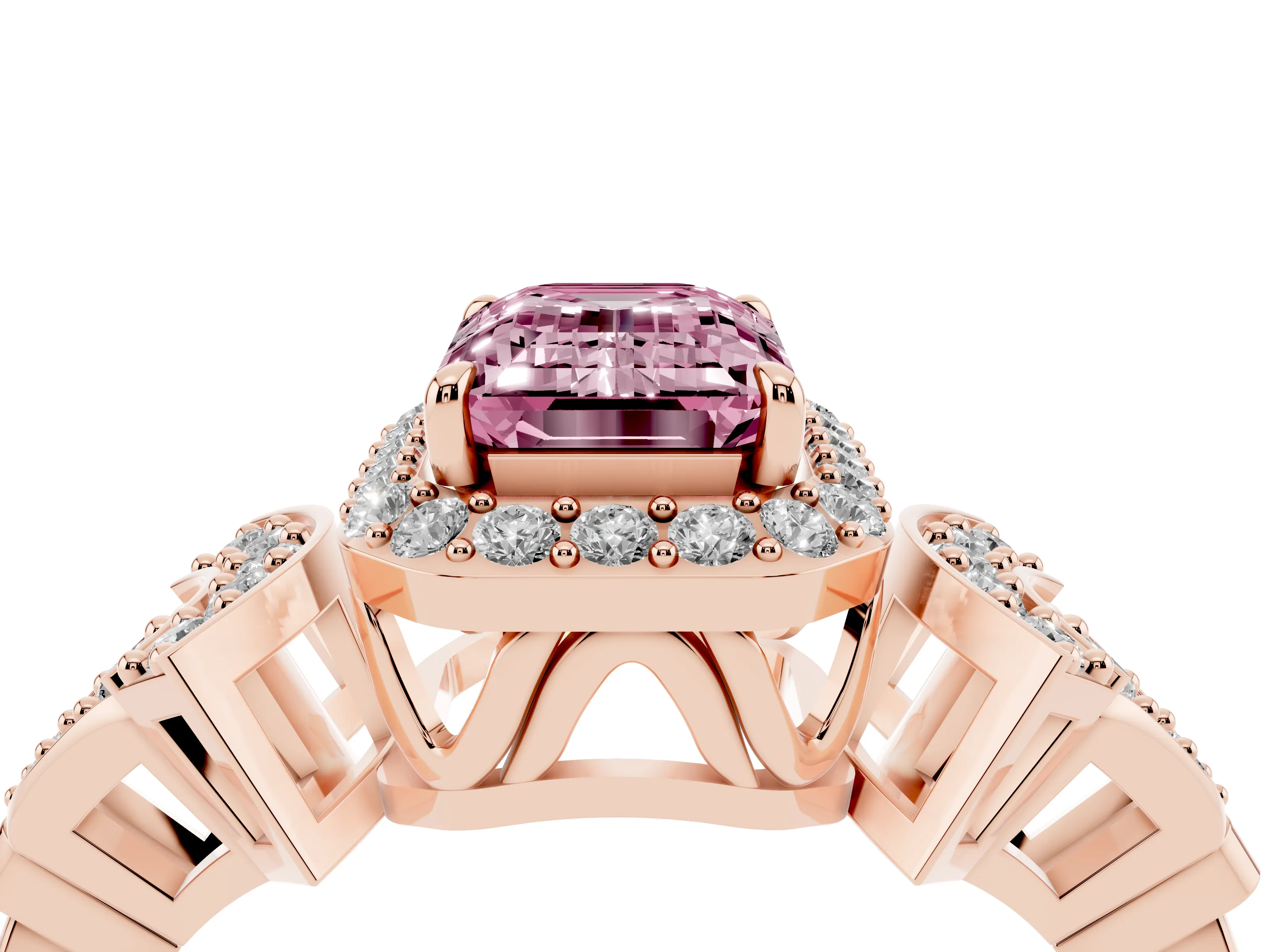 Fancy Pink Emerald Cut Diamond Halo Engagement Ring Set in Rose gold with Accent Stone Split Shank