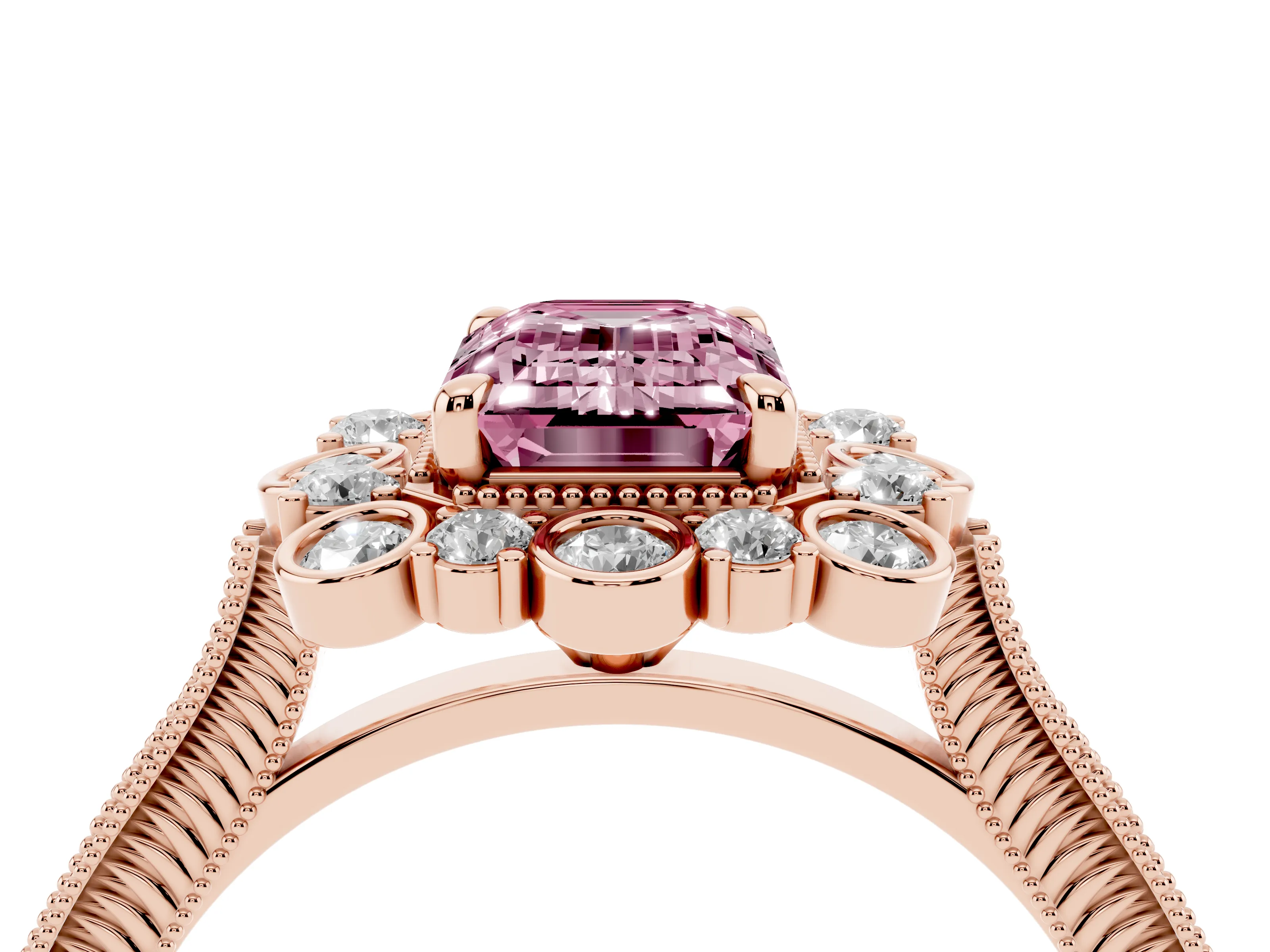 Fancy Pink Emerald Cut Diamond Halo Milgrain Pavé Ring Set in Rose gold with Prong Setting