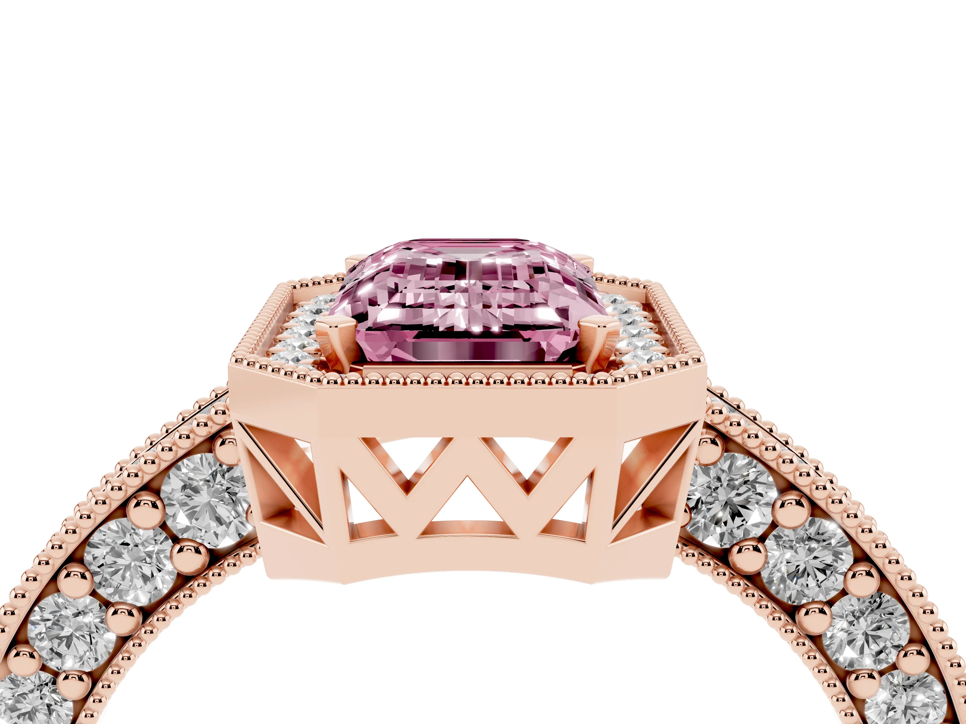Fancy Pink Emerald Cut Diamond Halo Pavé Band Ring Set in Rose gold with Prong-Set Center