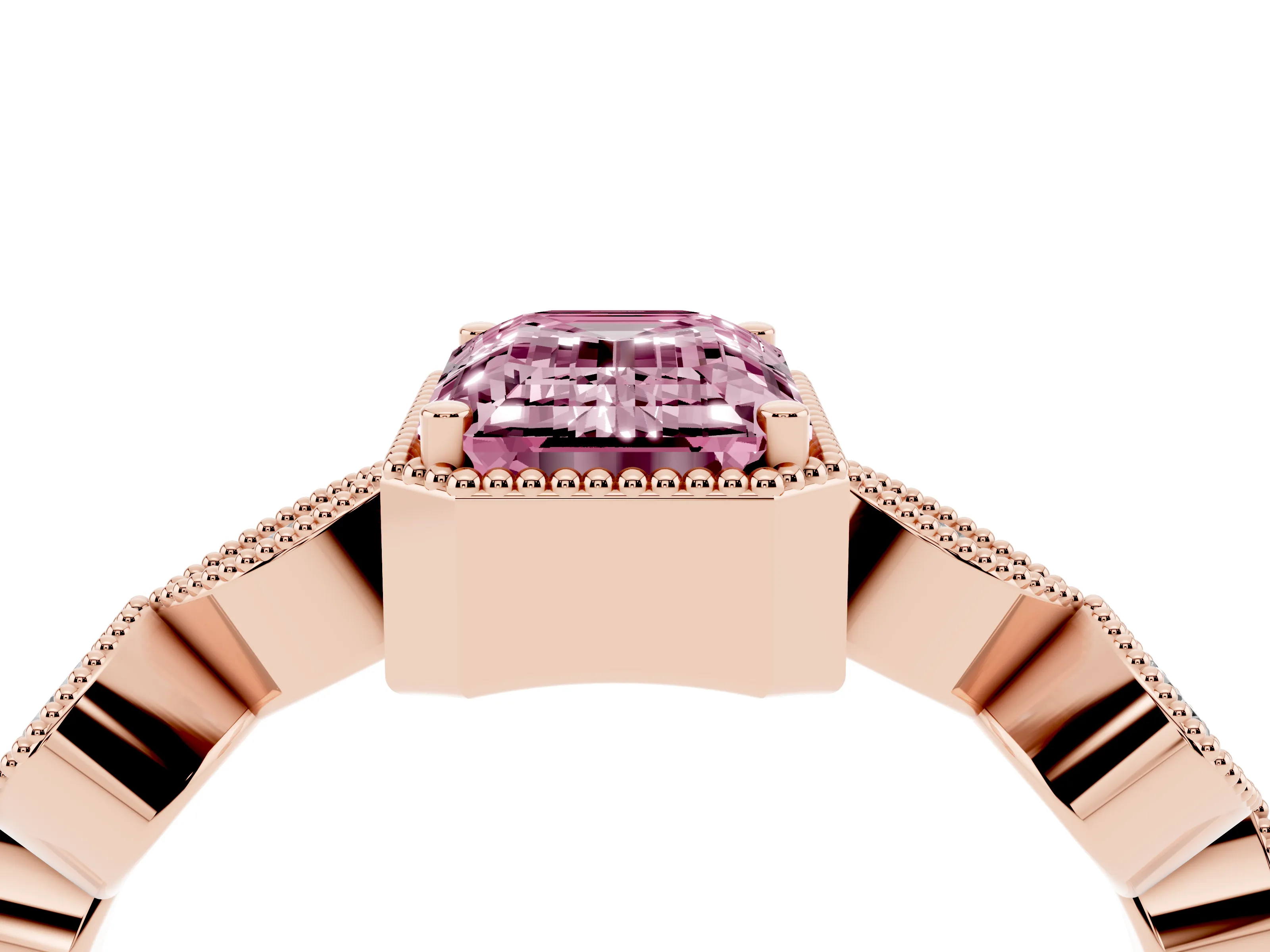Fancy Pink Emerald Cut Diamond Vintage-Inspired Milgrain Ring Set in Rose gold with Marquise Stations of Round Accents