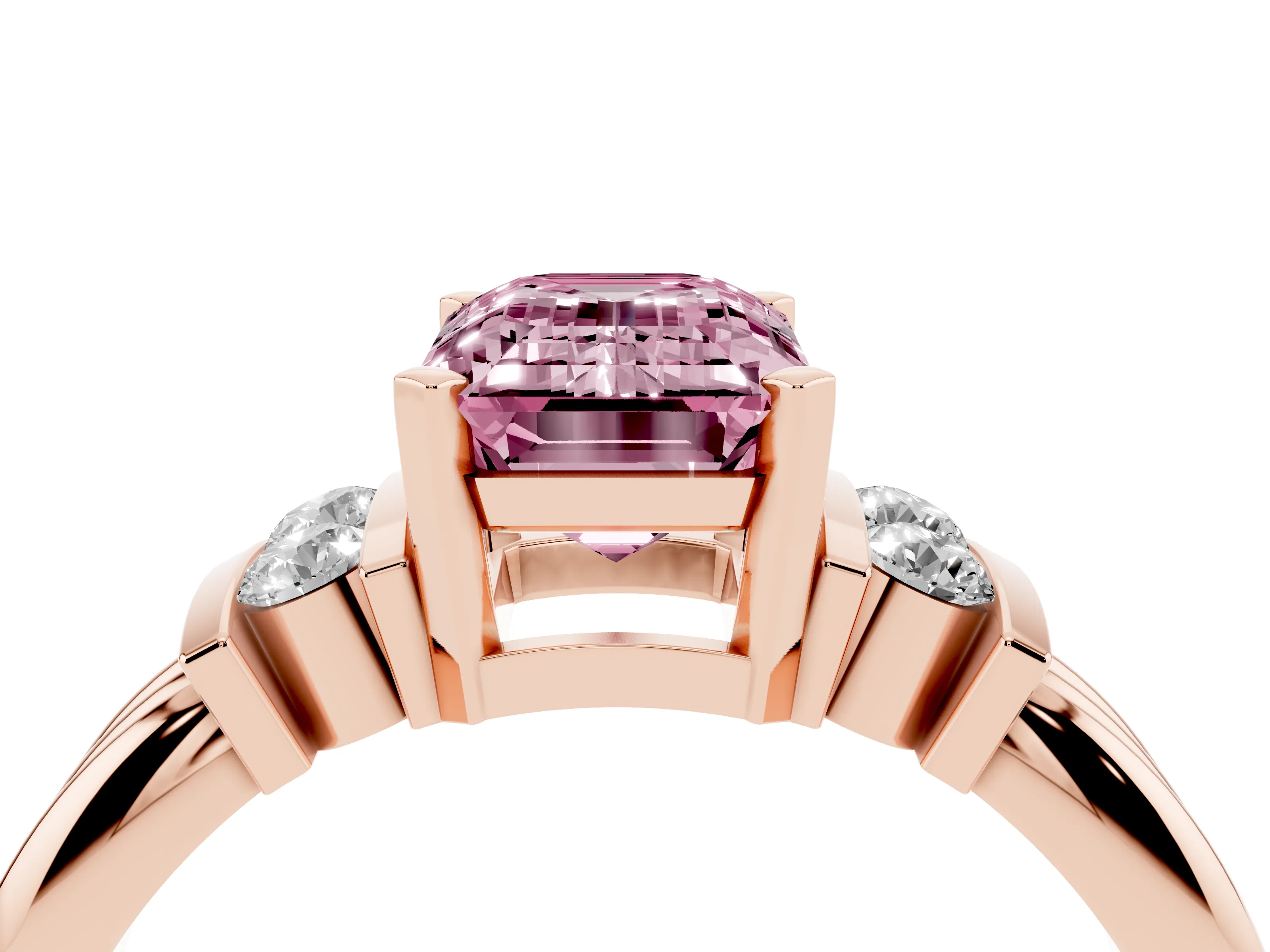 Fancy Pink Three-Stone Emerald Cut Diamond Channel Set Ring Set in Rose gold with Bar Prongs