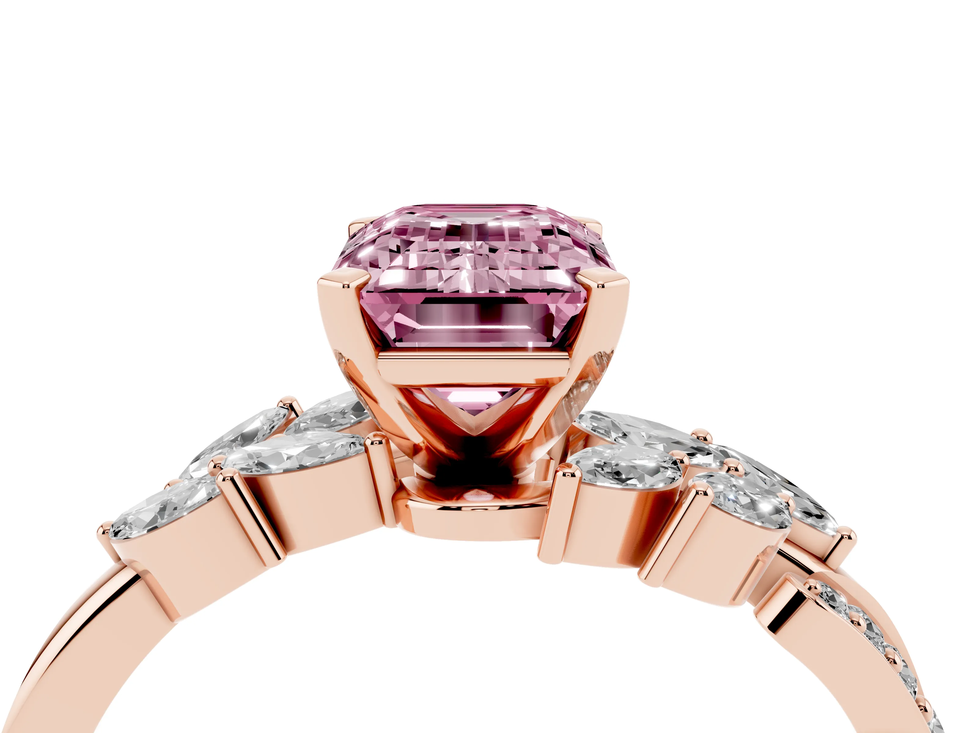 Fancy Pink Emerald Cut Diamond Solitaire Ring Set in Rose gold with Marquise Twist Band and Prong Setting