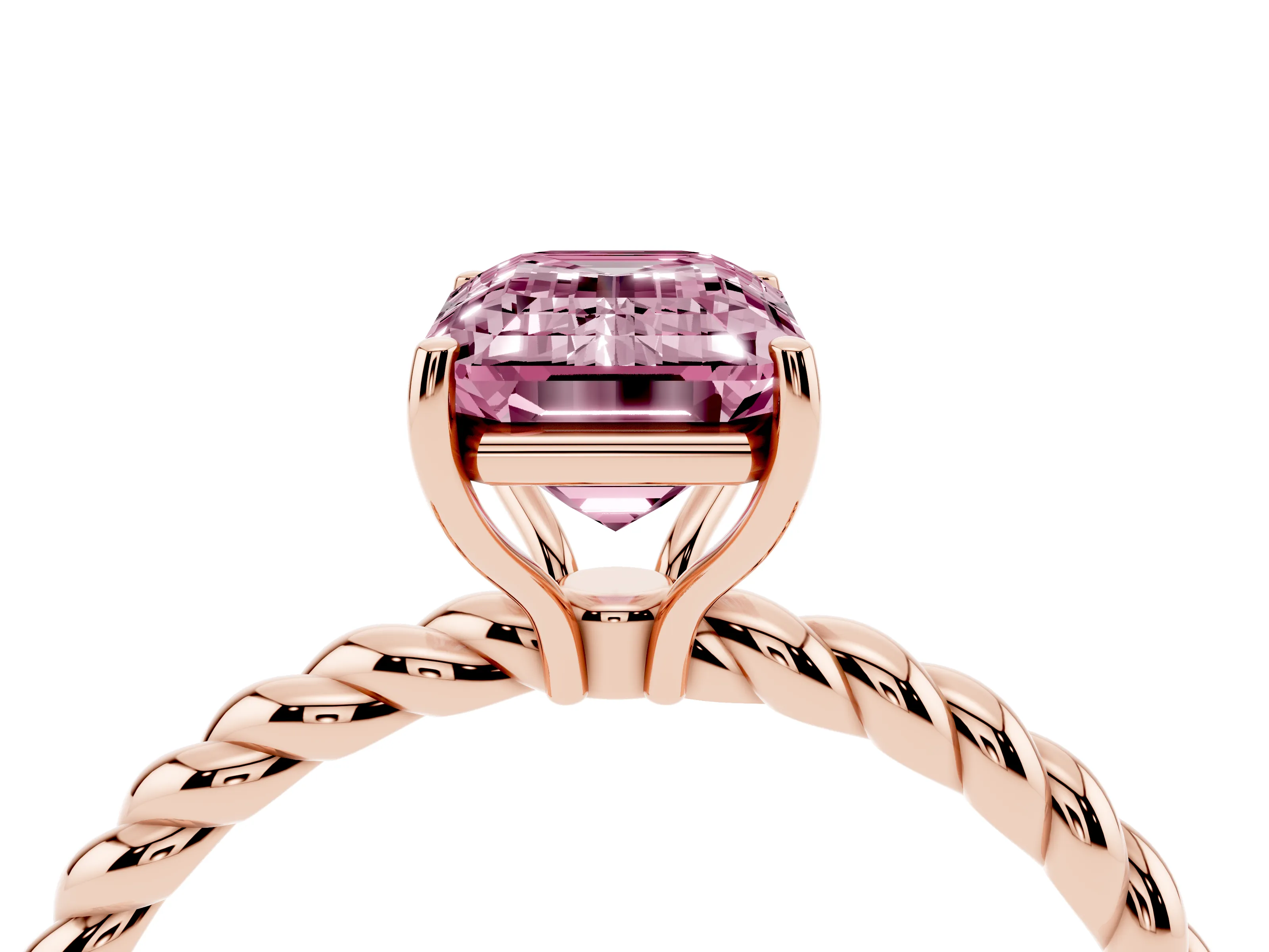 Fancy Pink Emerald Cut Diamond Solitaire Ring Set in Rose gold with Twist Band and Prong Setting