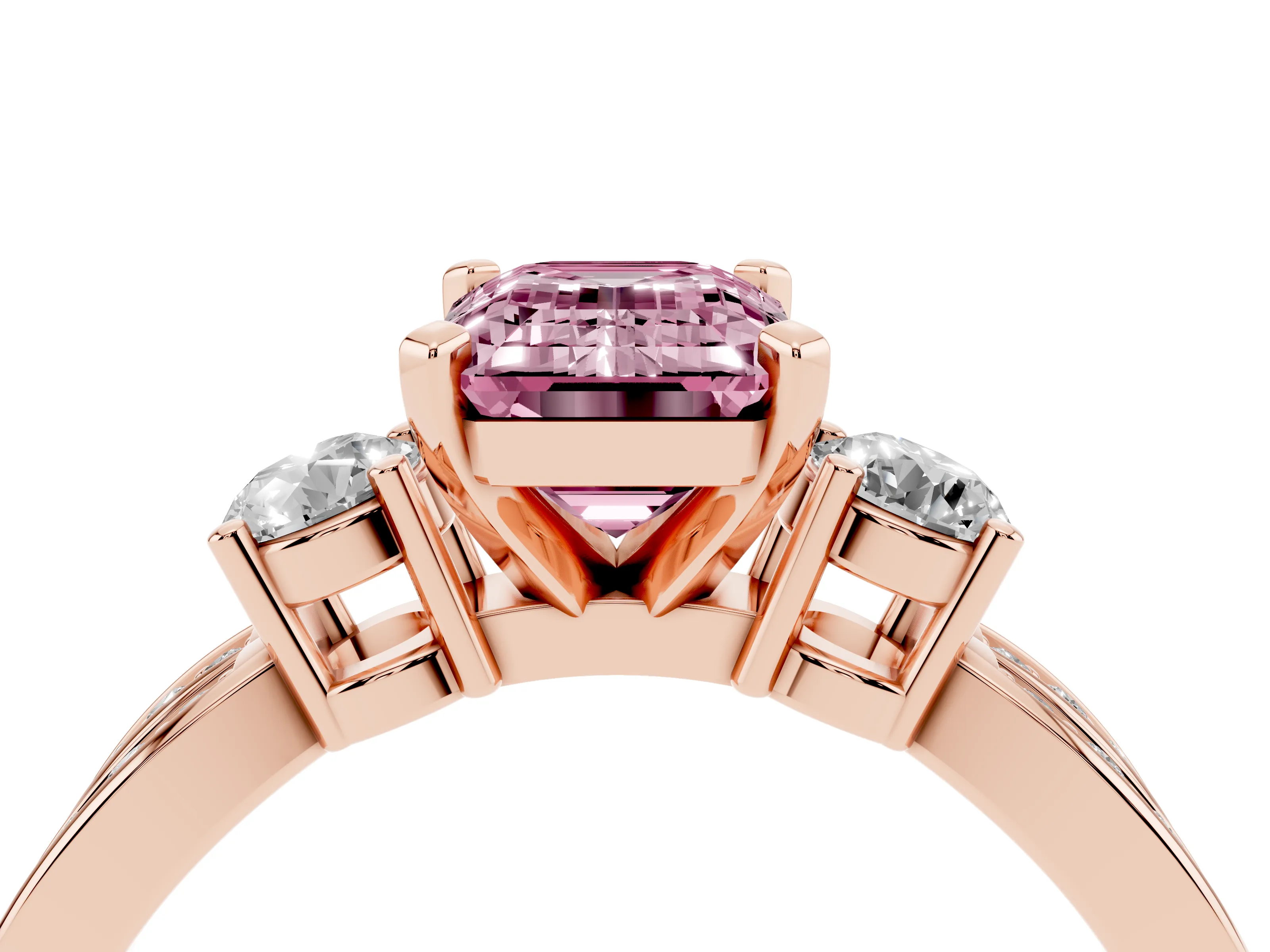 Fancy Pink Three-Stone Emerald Cut Diamond Twist Band Ring Set in Rose gold with Pavé Accents and Prong Setting