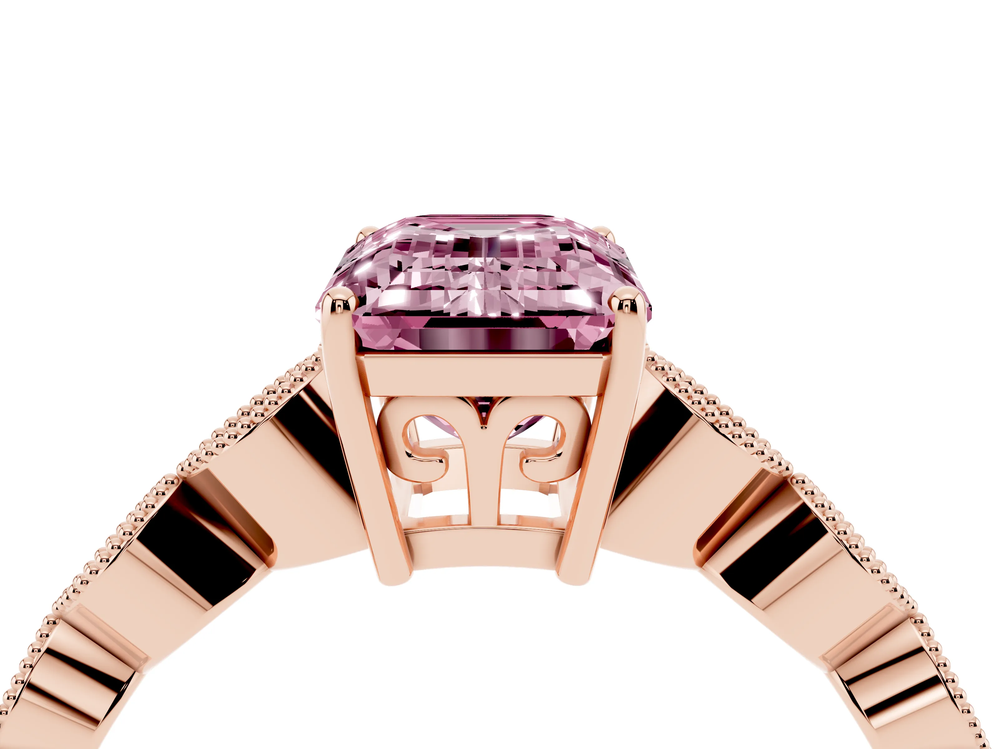 Fancy Pink Emerald Cut Diamond Solitaire Ring Set in Rose gold with Infinity Twist Pavé Band
