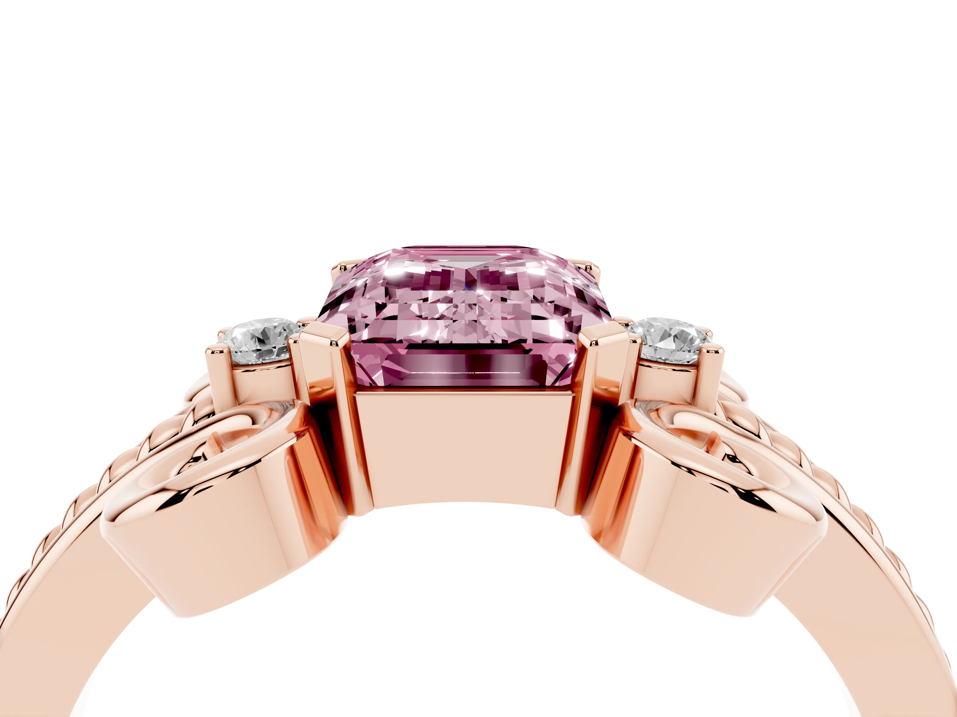Fancy Pink Emerald Cut Diamond Twisted Band Solitaire Ring Set in Rose gold with Scroll Prongs