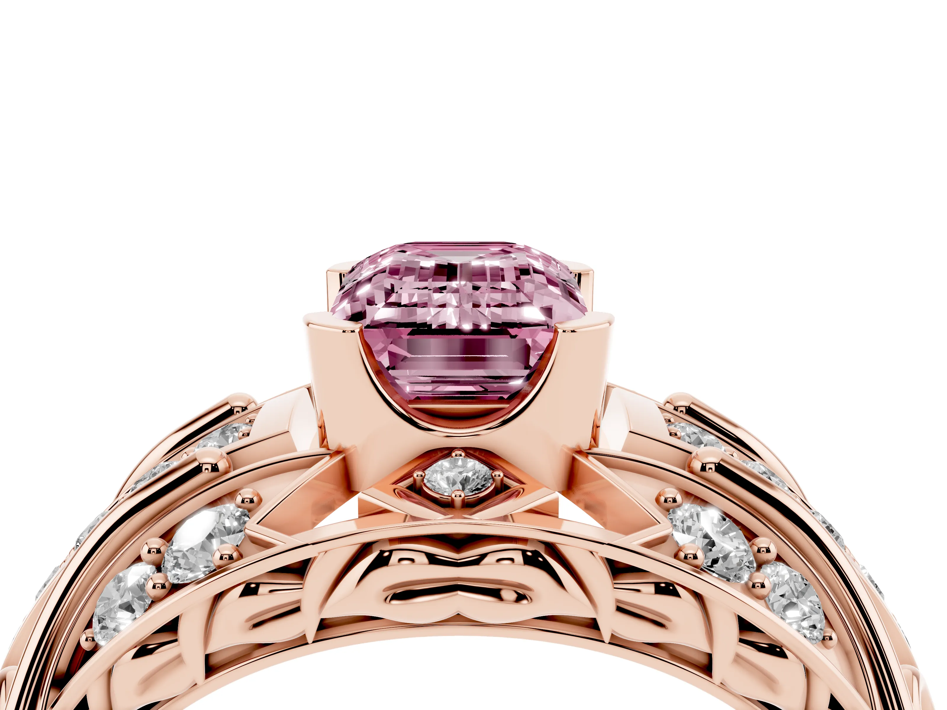 Fancy Pink Emerald Cut Diamond Art Deco Ring Set in Rose gold with Pavé Split Shank