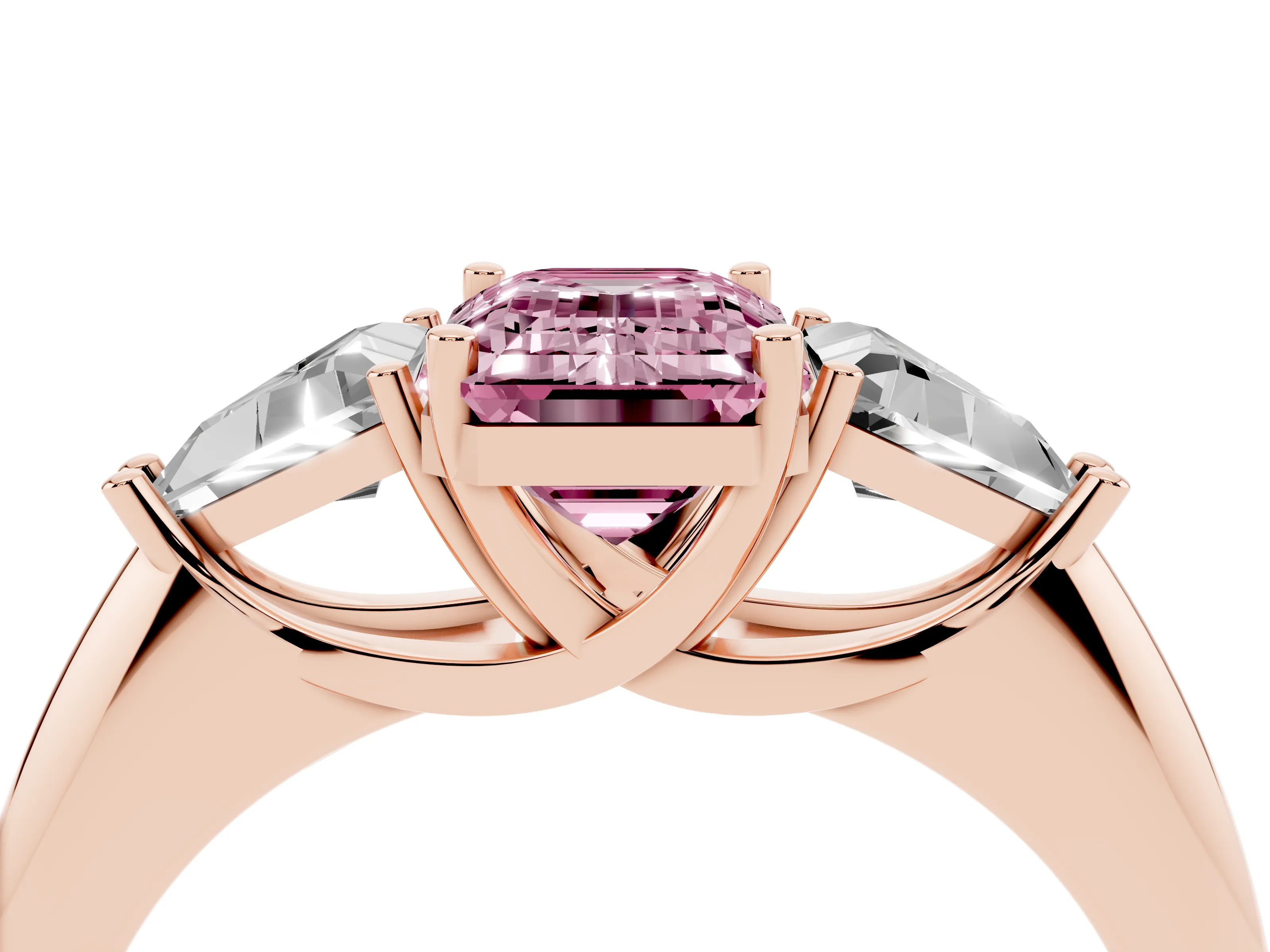 Fancy Pink Emerald Cut Diamond Three-Stone Engagement Ring Set in Rose gold with Trillion Side Stones