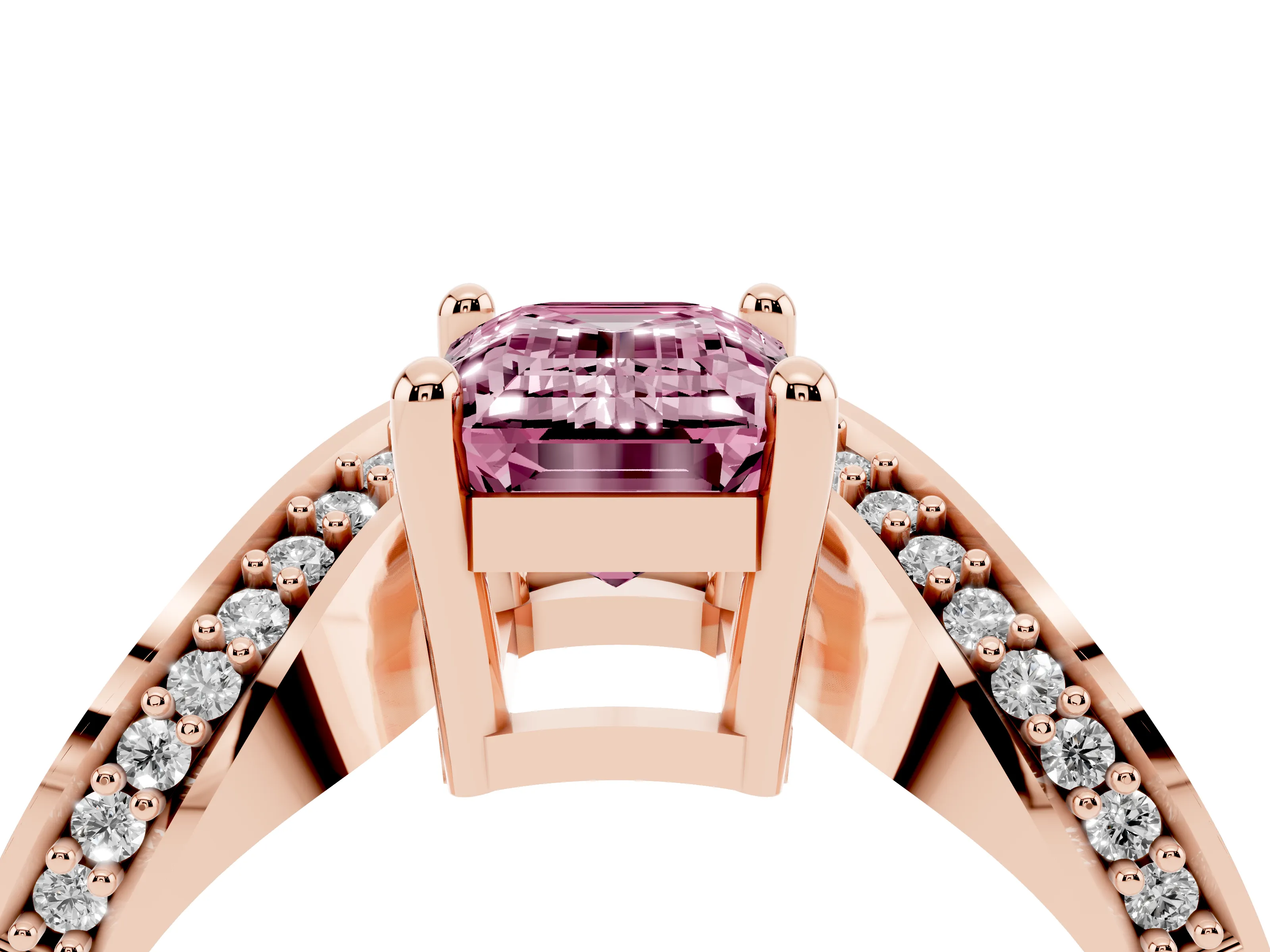 Fancy Pink Emerald Cut Diamond Solitaire Engagement Ring Set in Rose gold with Pavé Shoulders