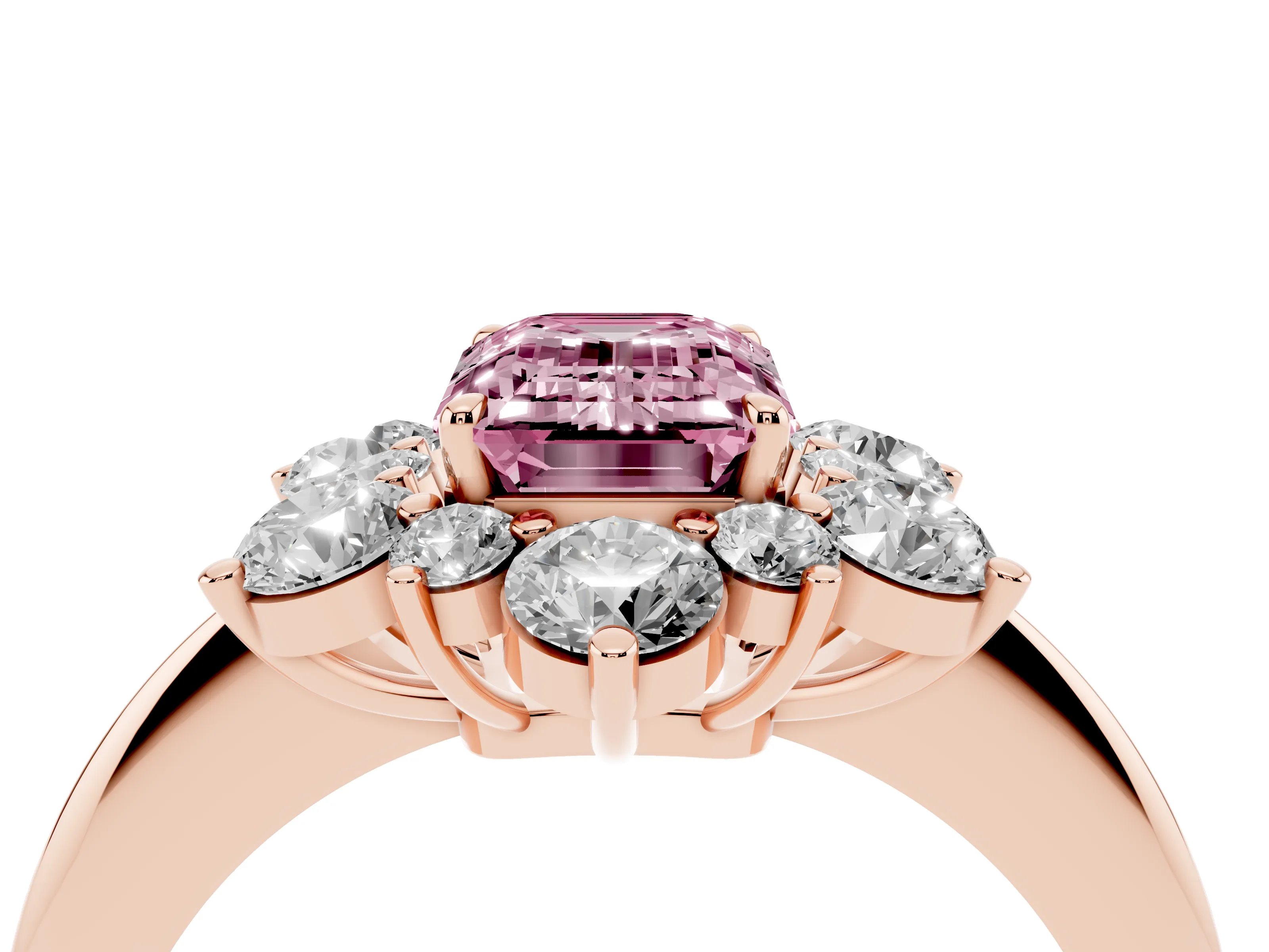 Fancy Pink Emerald Cut Diamond Cluster Halo Ring Set in Rose gold with Solitaire Band and Prong Setting