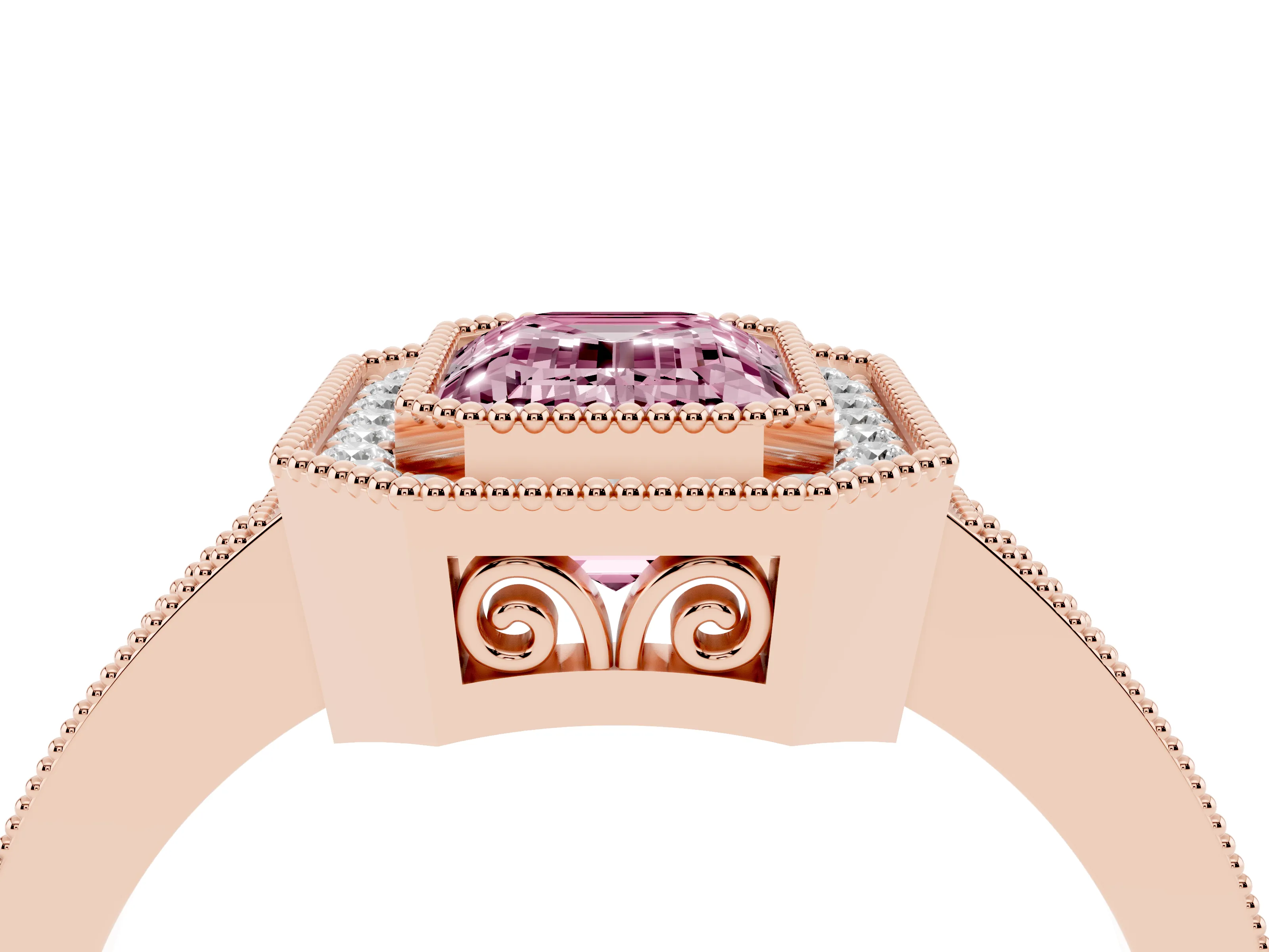 Fancy Pink Emerald Cut Diamond Halo Ring Set in Rose gold with Pavé Band and Milgrain-Edged Prongs