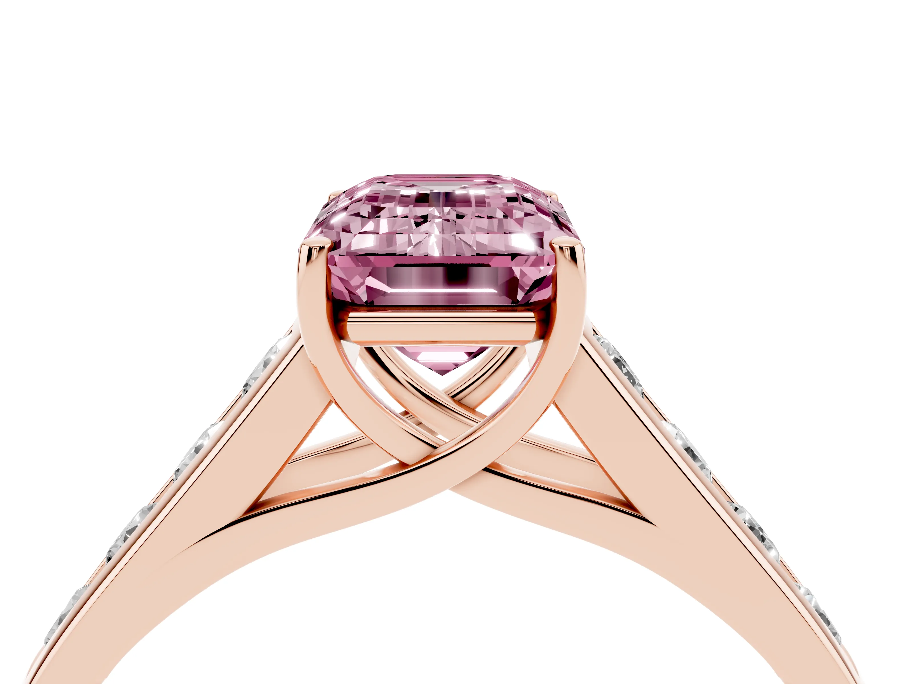 Fancy Pink Emerald Cut Diamond Solitaire Channel-Set Engagement Ring Set in Rose gold with Prong Setting