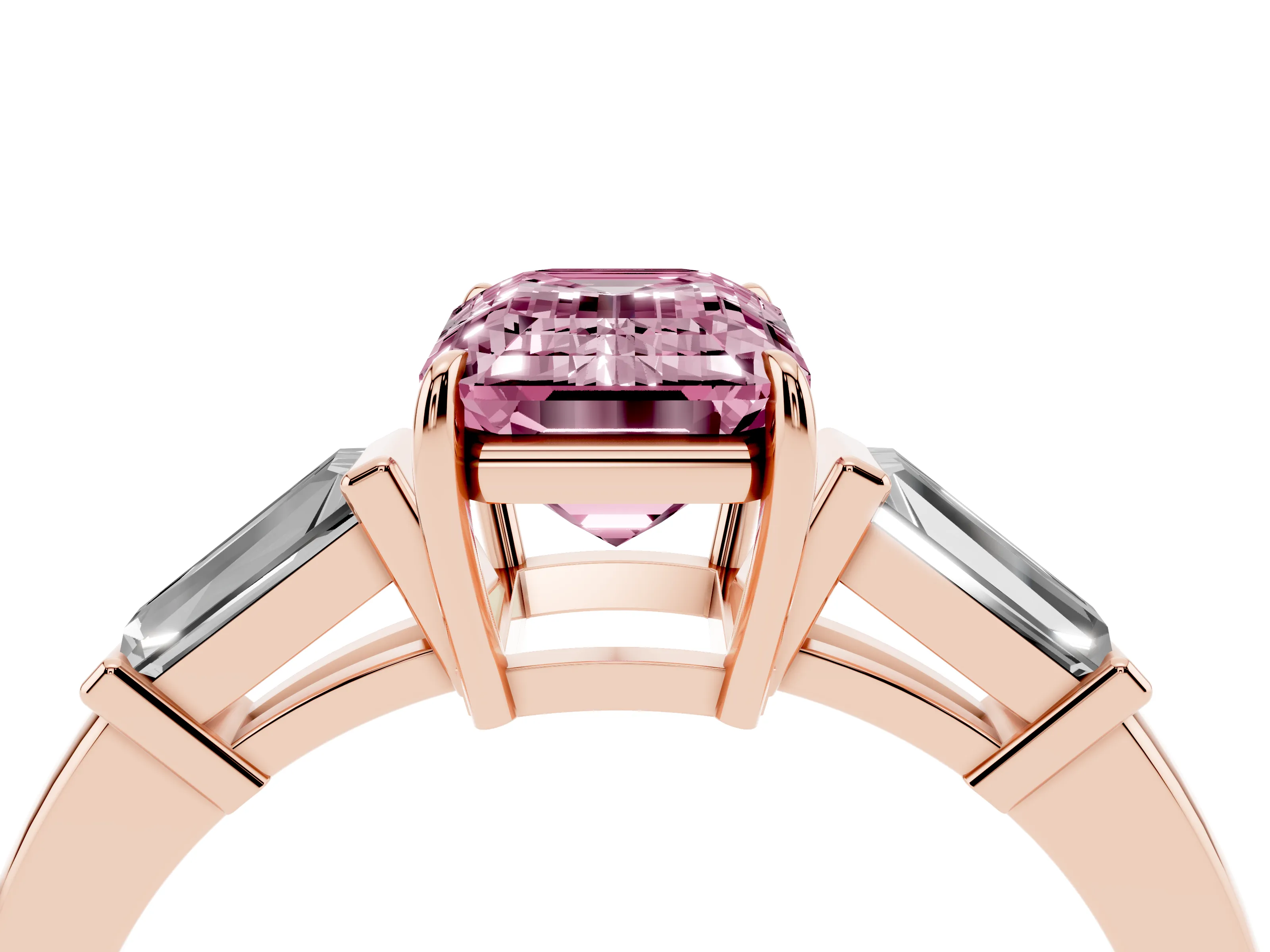 Fancy Pink Emerald Cut Diamond Three-Stone Ring Set in Rose gold with Tapered Baguette Side Stones and Prong Setting